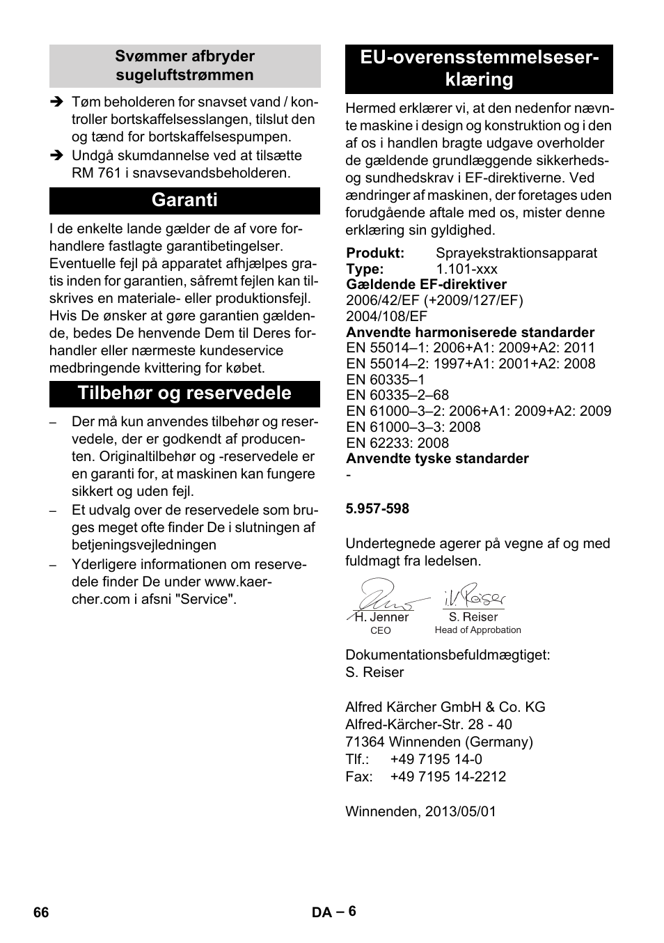 Svømmer afbryder sugeluftstrømmen, Garanti, Tilbehør og reservedele | Eu-overensstemmelseserklæring | Karcher Puzzi 400 K User Manual | Page 66 / 192