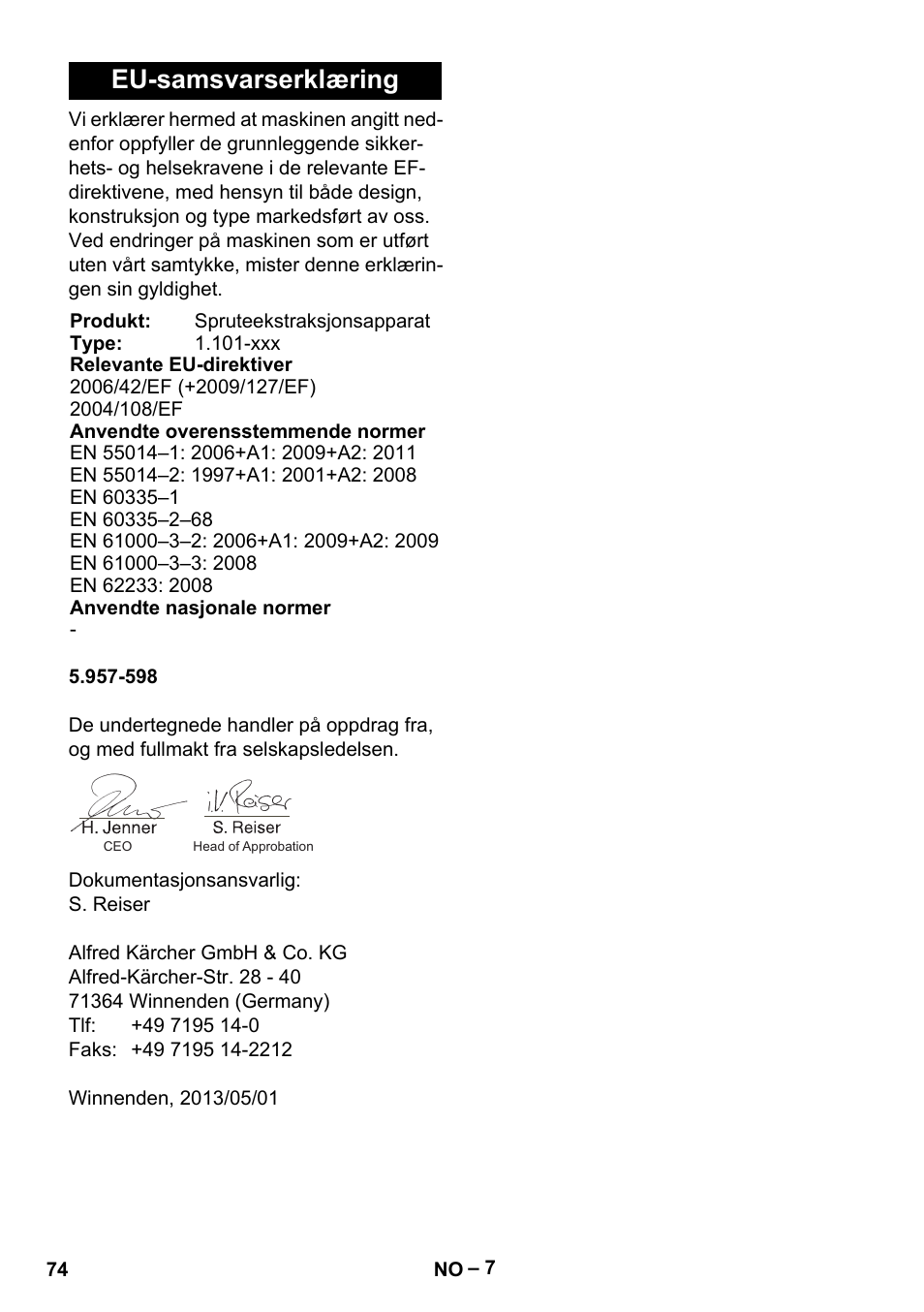 Eu-samsvarserklæring | Karcher Puzzi 400 K User Manual | Page 74 / 192