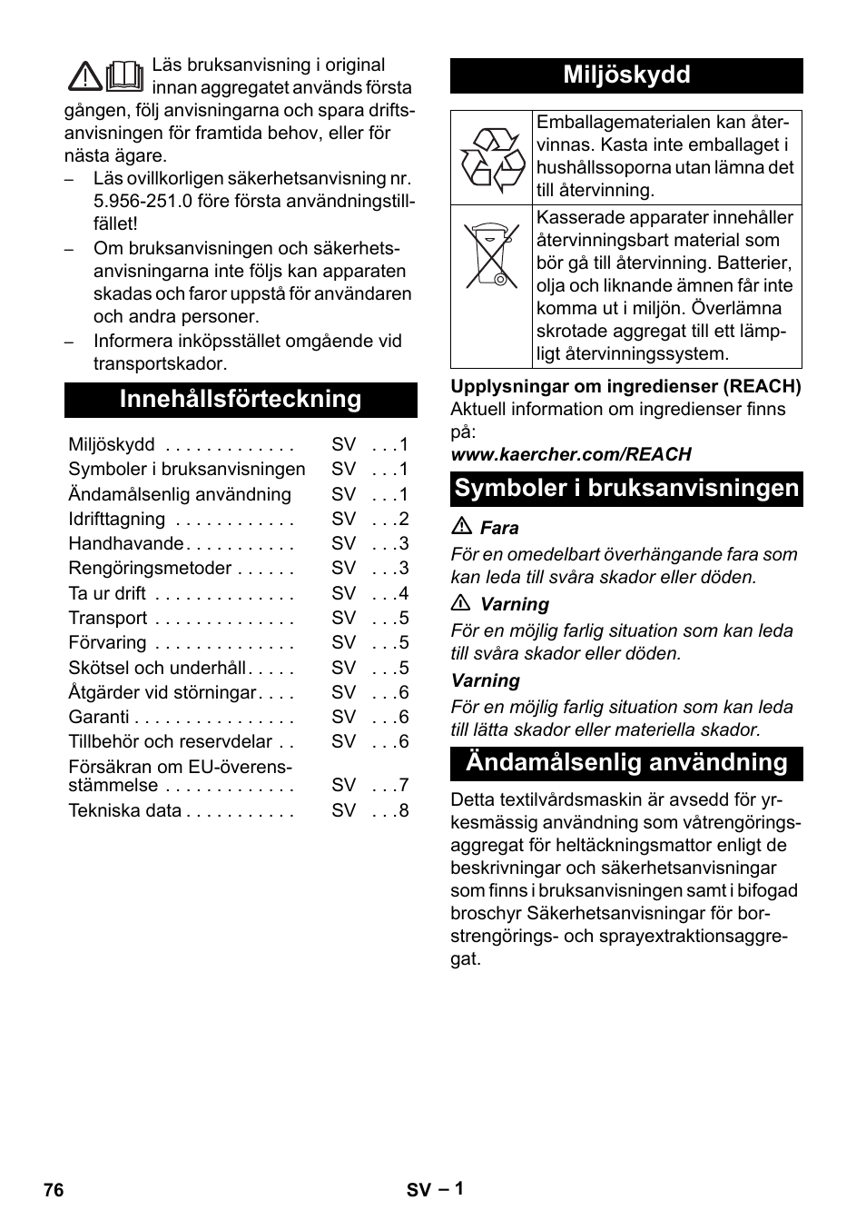 Svenska, Innehållsförteckning, Miljöskydd | Symboler i bruksanvisningen, Ändamålsenlig användning | Karcher Puzzi 400 K User Manual | Page 76 / 192