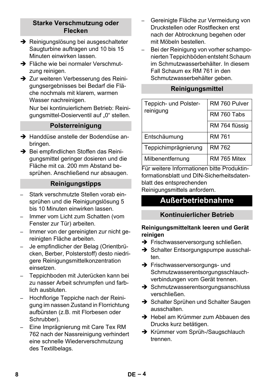 Starke verschmutzung oder flecken, Polsterreinigung, Reinigungstipps | Reinigungsmittel, Außerbetriebnahme, Kontinuierlicher betrieb, Reinigungsmitteltank leeren und gerät reinigen | Karcher Puzzi 400 K User Manual | Page 8 / 192