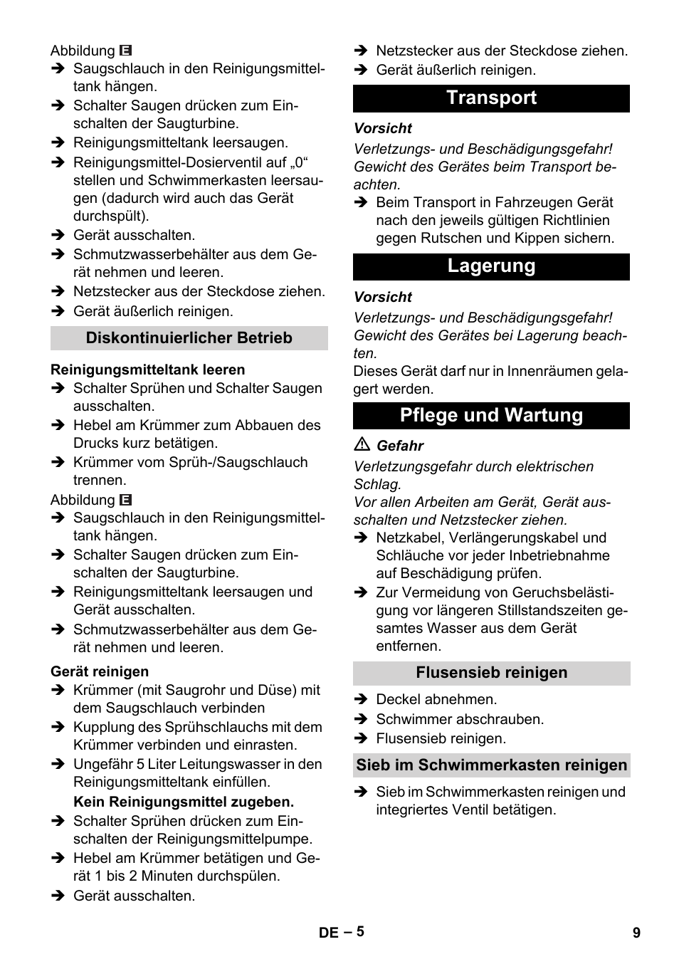 Diskontinuierlicher betrieb, Reinigungsmitteltank leeren, Gerät reinigen | Transport, Lagerung, Pflege und wartung, Flusensieb reinigen, Sieb im schwimmerkasten reinigen, Transport lagerung pflege und wartung | Karcher Puzzi 400 K User Manual | Page 9 / 192