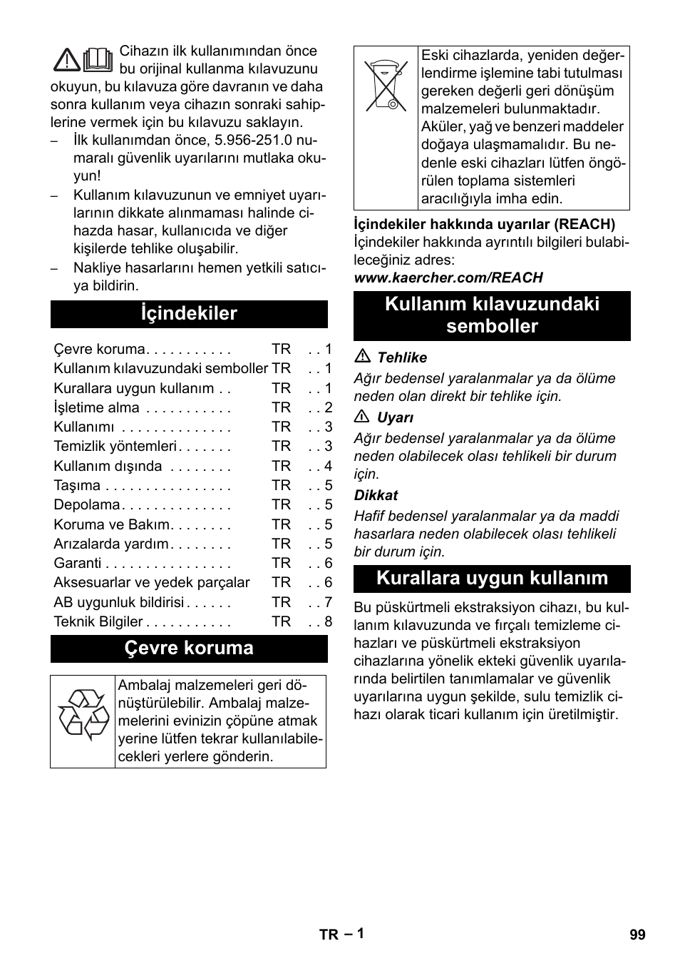 Türkçe, Içindekiler, Çevre koruma | Kullanım kılavuzundaki semboller, Kurallara uygun kullanım | Karcher Puzzi 400 K User Manual | Page 99 / 192