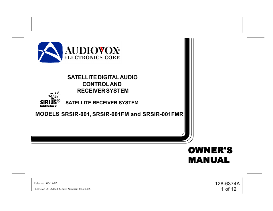 Audiovox SRSIR-001 User Manual | 12 pages