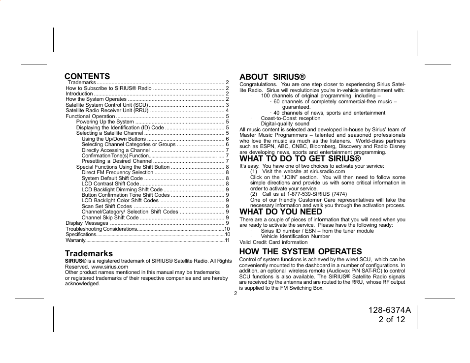 Trademarks, About sirius, What to do to get sirius | What do you need | Audiovox SRSIR-001 User Manual | Page 2 / 12