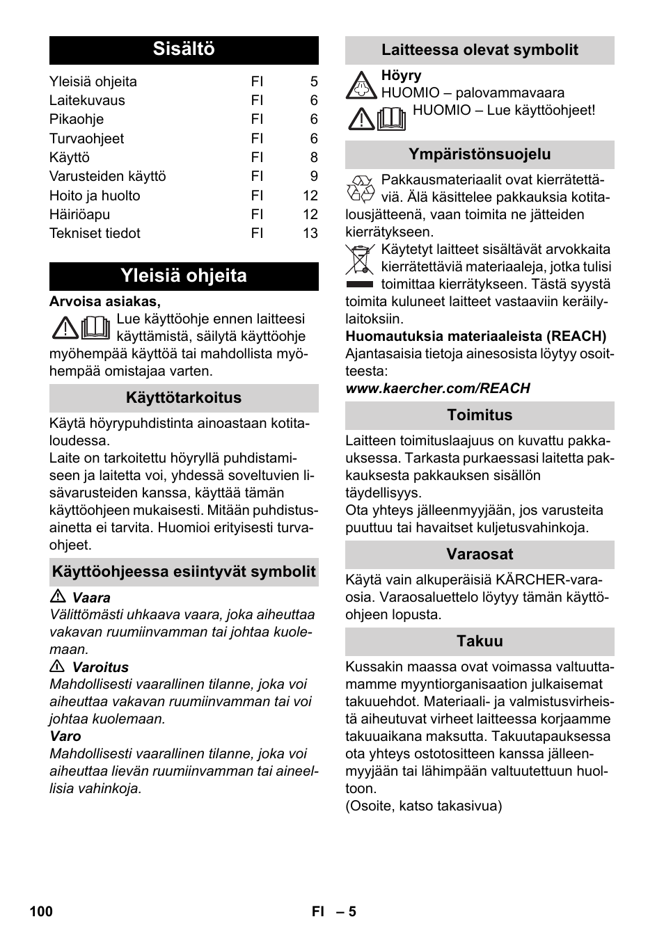 Suomi, Sisältö, Yleisiä ohjeita | Karcher SC 3-100 B User Manual | Page 100 / 278