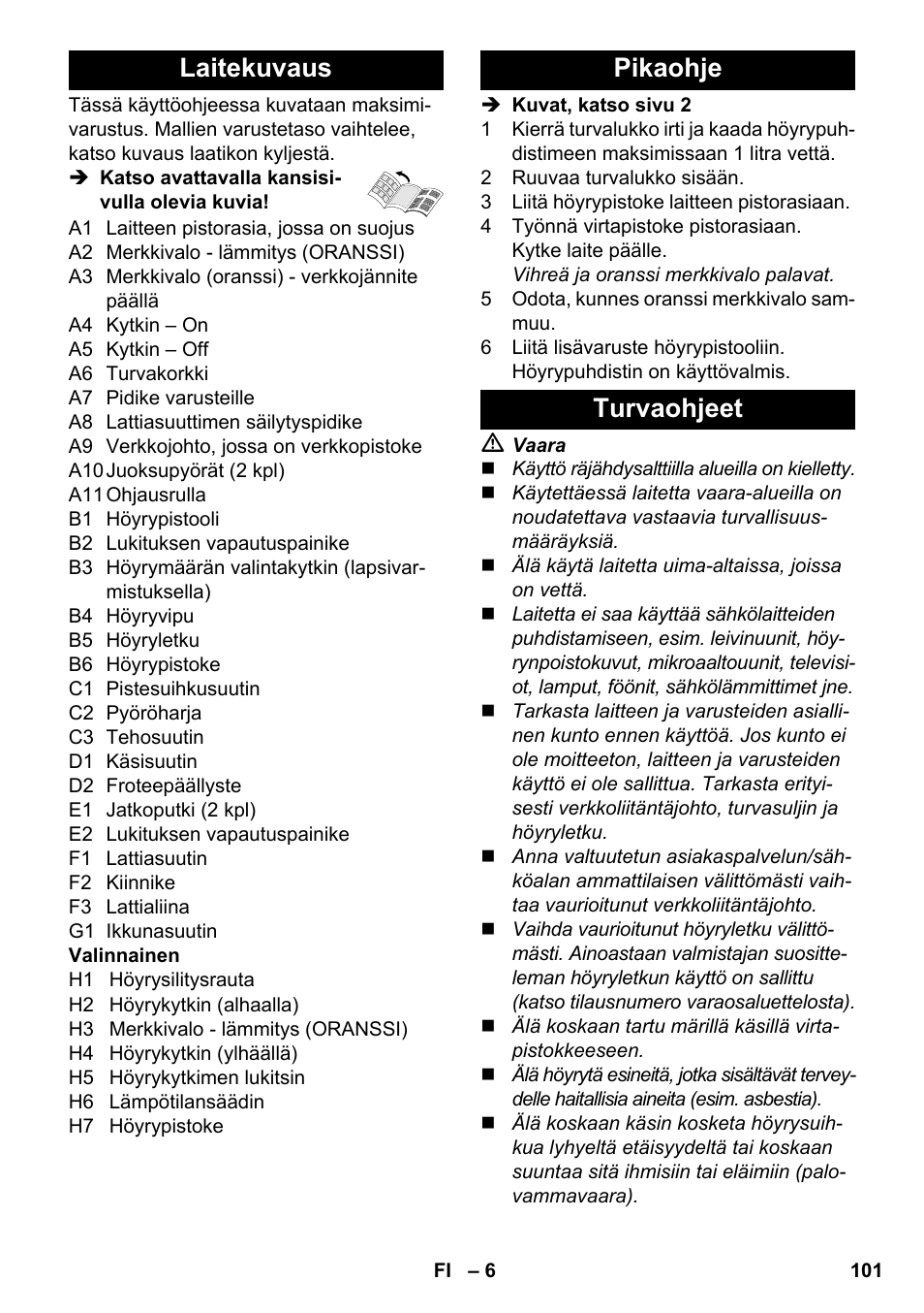 Laitekuvaus, Pikaohje turvaohjeet | Karcher SC 3-100 B User Manual | Page 101 / 278