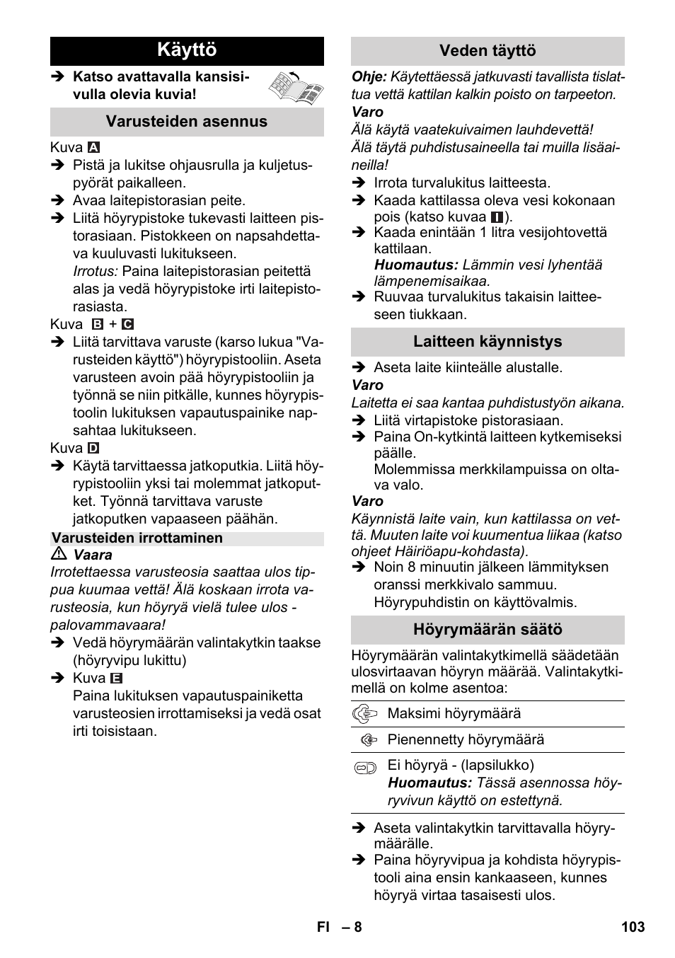 Käyttö | Karcher SC 3-100 B User Manual | Page 103 / 278