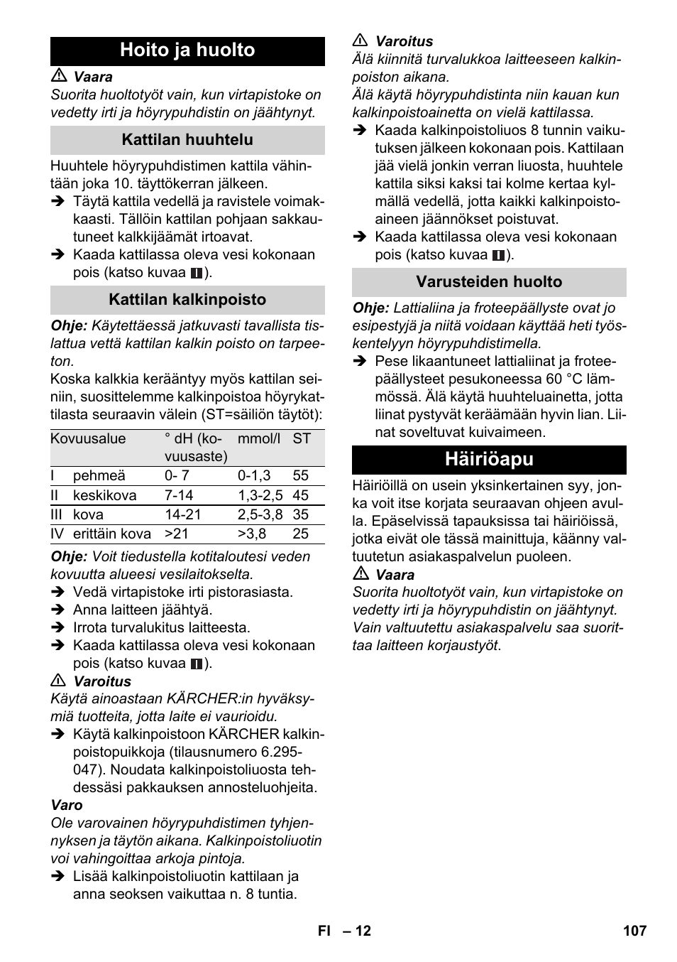 Hoito ja huolto, Häiriöapu | Karcher SC 3-100 B User Manual | Page 107 / 278
