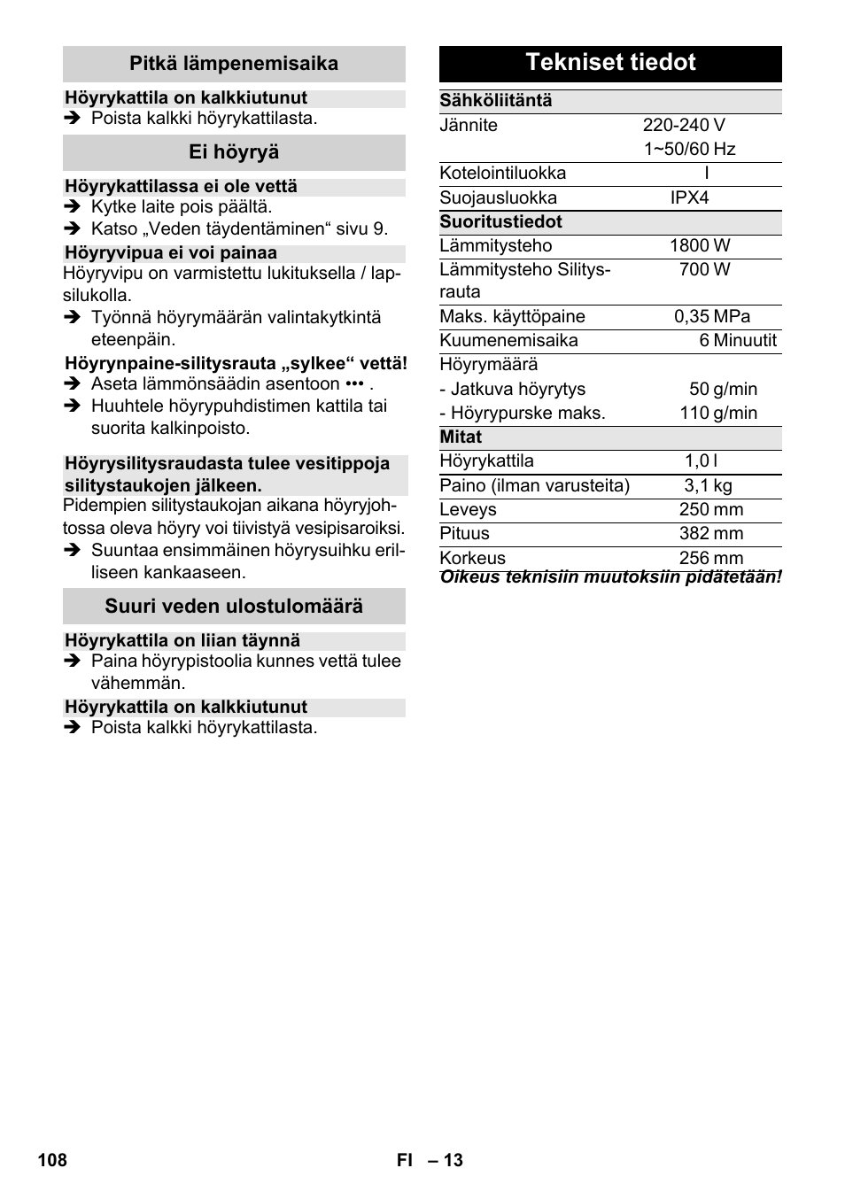 Tekniset tiedot | Karcher SC 3-100 B User Manual | Page 108 / 278