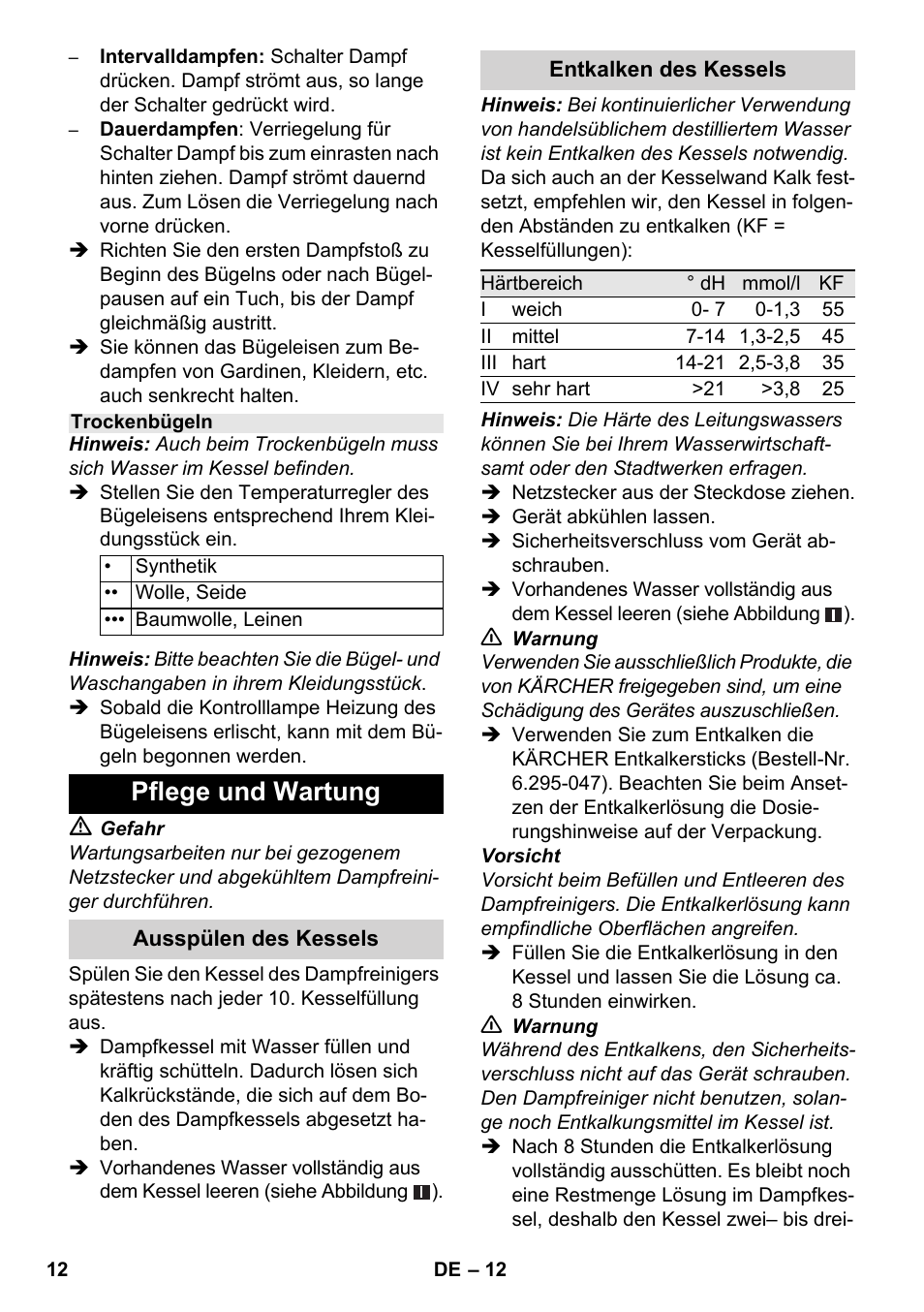 Pflege und wartung | Karcher SC 3-100 B User Manual | Page 12 / 278