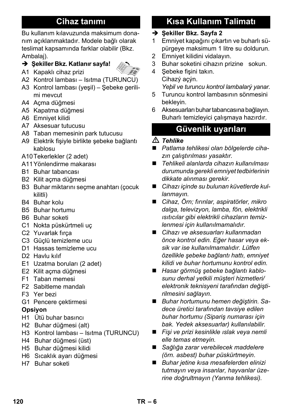 Cihaz tanımı, Kısa kullanım talimatı güvenlik uyarıları | Karcher SC 3-100 B User Manual | Page 120 / 278