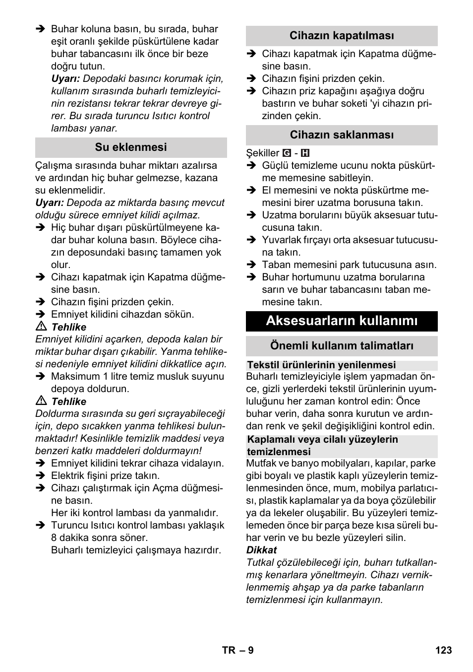 Aksesuarların kullanımı | Karcher SC 3-100 B User Manual | Page 123 / 278