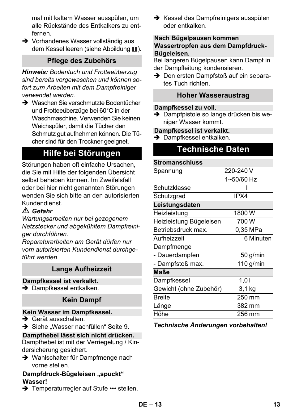 Hilfe bei störungen, Technische daten | Karcher SC 3-100 B User Manual | Page 13 / 278