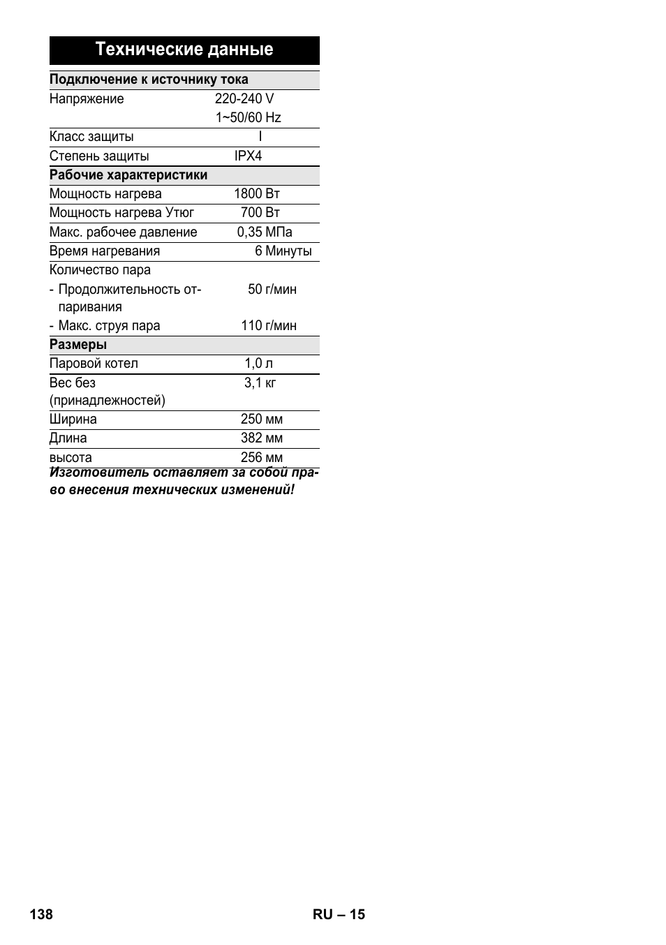 Технические данные | Karcher SC 3-100 B User Manual | Page 138 / 278