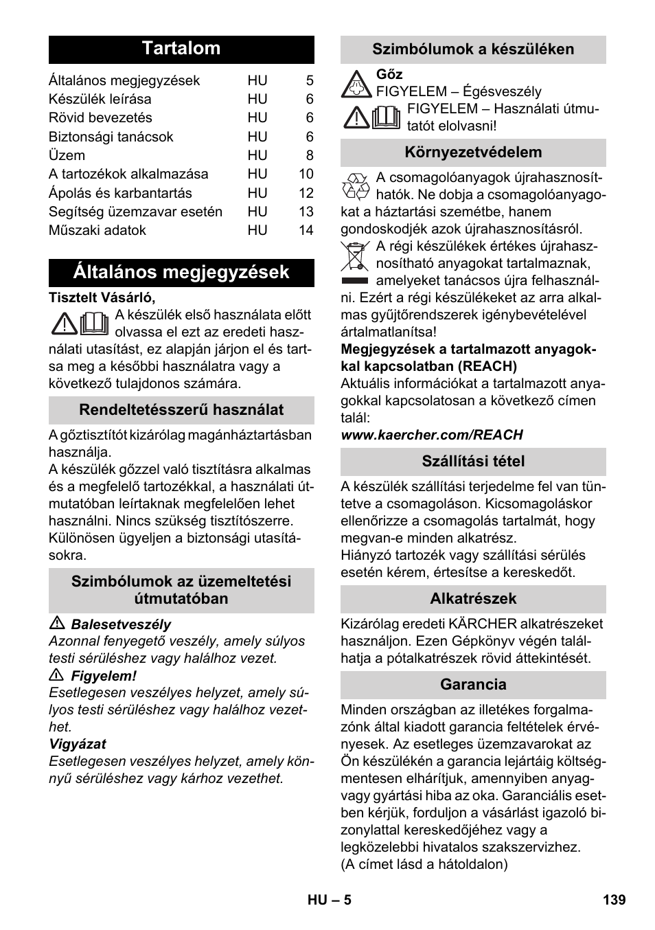 Magyar, Tartalom, Általános megjegyzések | Karcher SC 3-100 B User Manual | Page 139 / 278