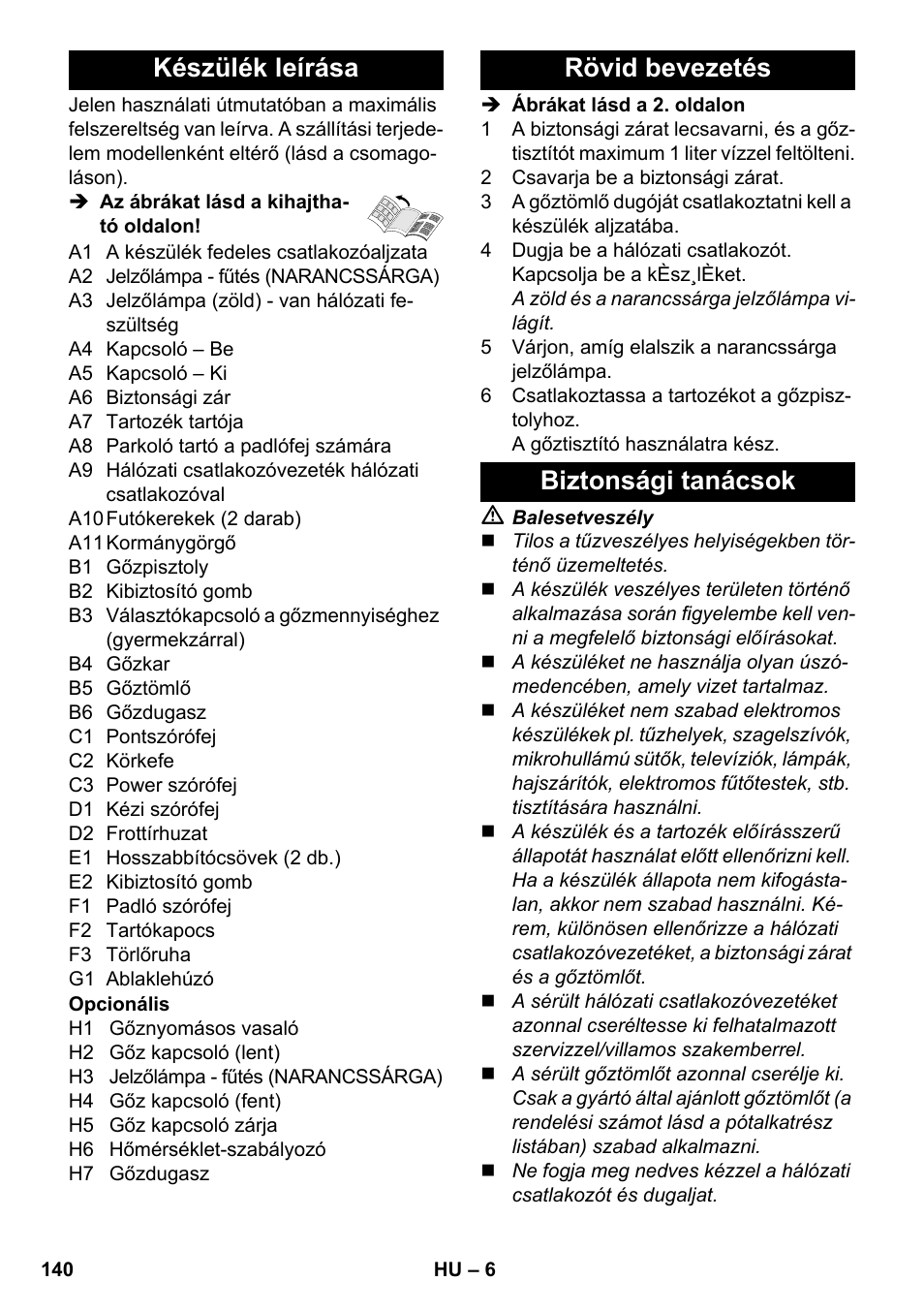 Készülék leírása, Rövid bevezetés biztonsági tanácsok | Karcher SC 3-100 B User Manual | Page 140 / 278