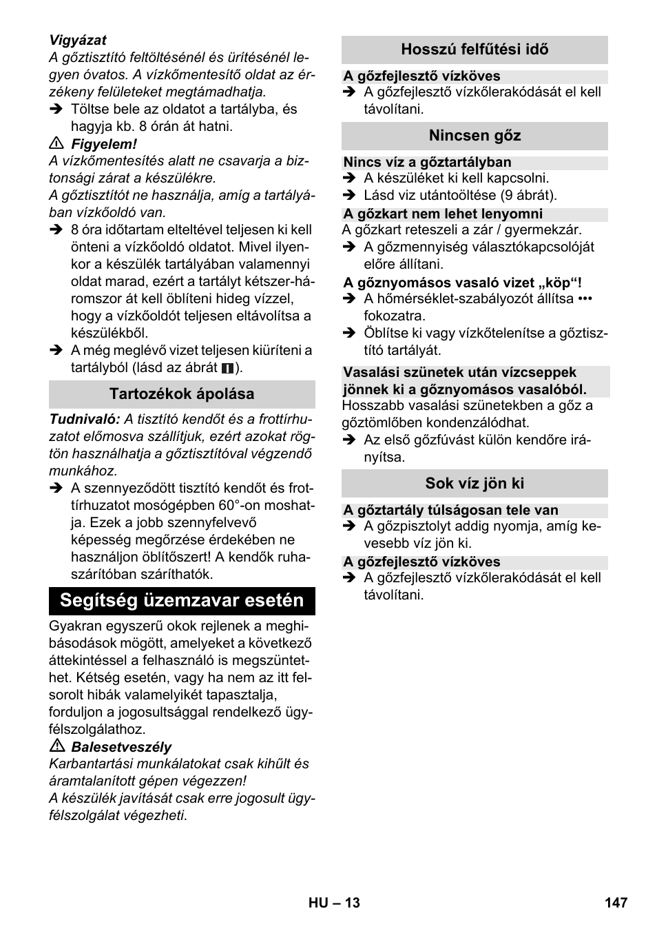 Segítség üzemzavar esetén | Karcher SC 3-100 B User Manual | Page 147 / 278