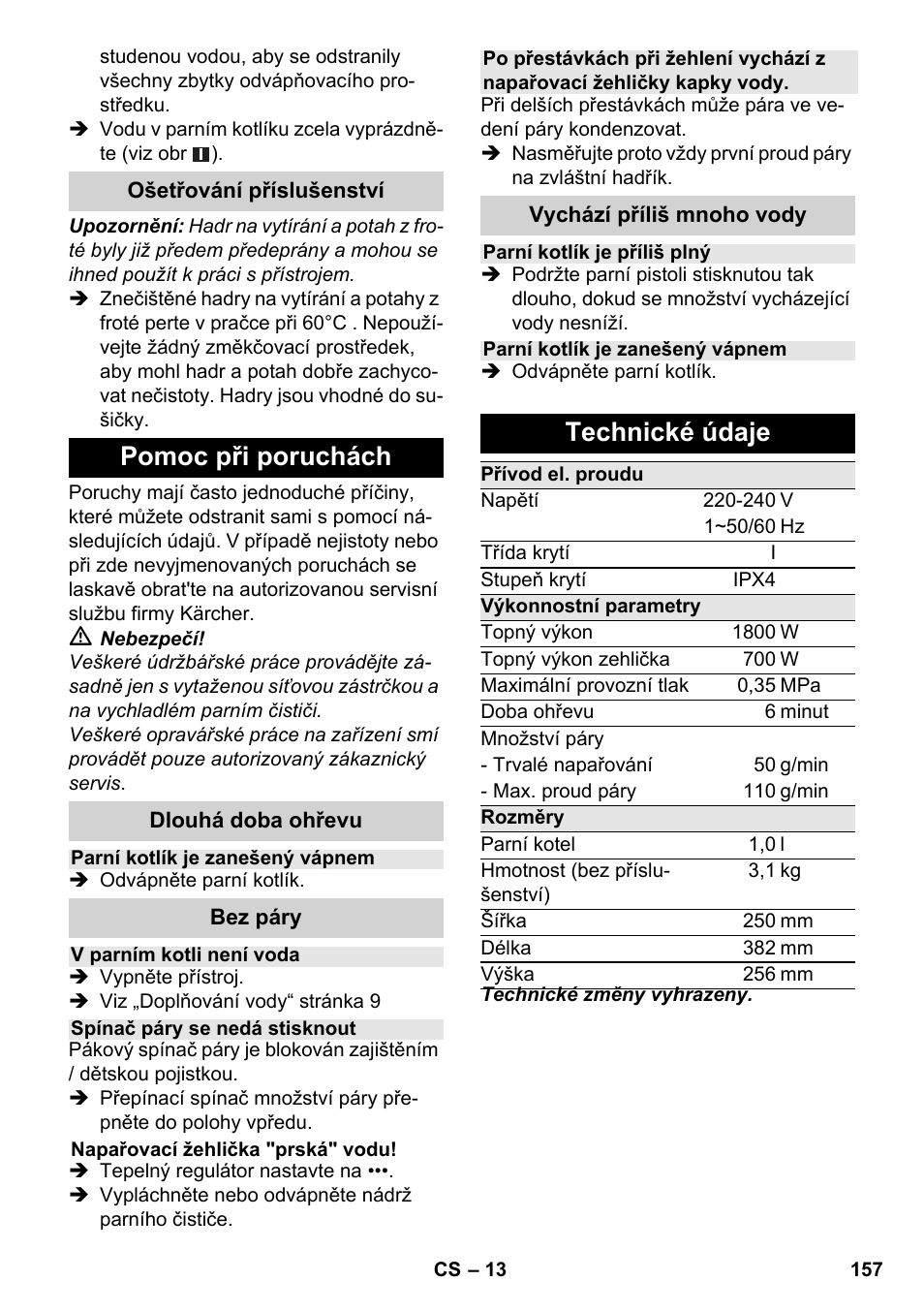 Pomoc při poruchách, Technické údaje | Karcher SC 3-100 B User Manual | Page 157 / 278