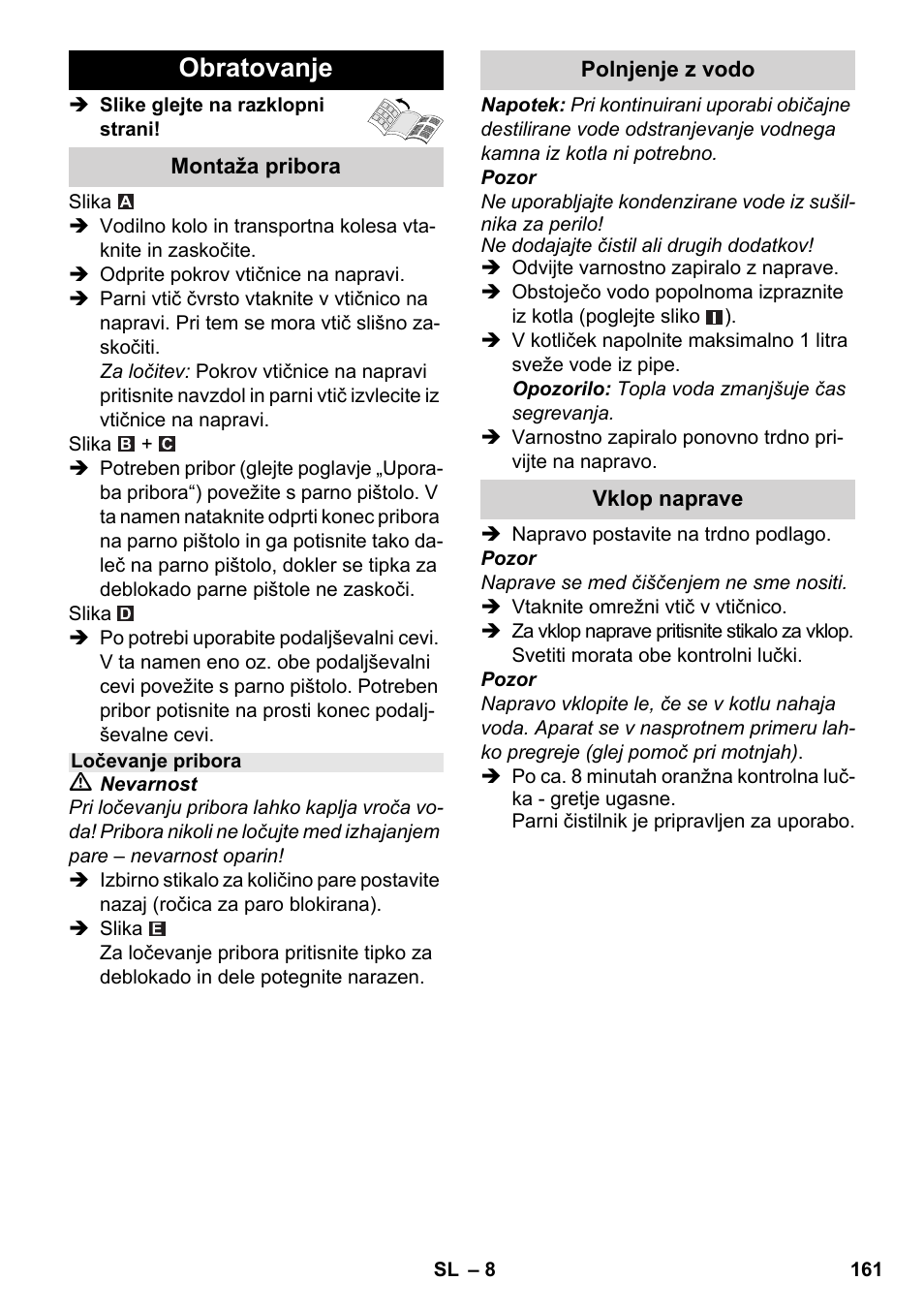 Obratovanje | Karcher SC 3-100 B User Manual | Page 161 / 278