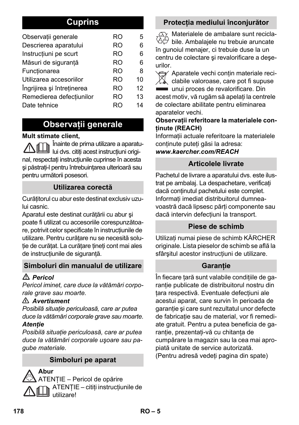 Româneşte, Cuprins, Observaţii generale | Karcher SC 3-100 B User Manual | Page 178 / 278