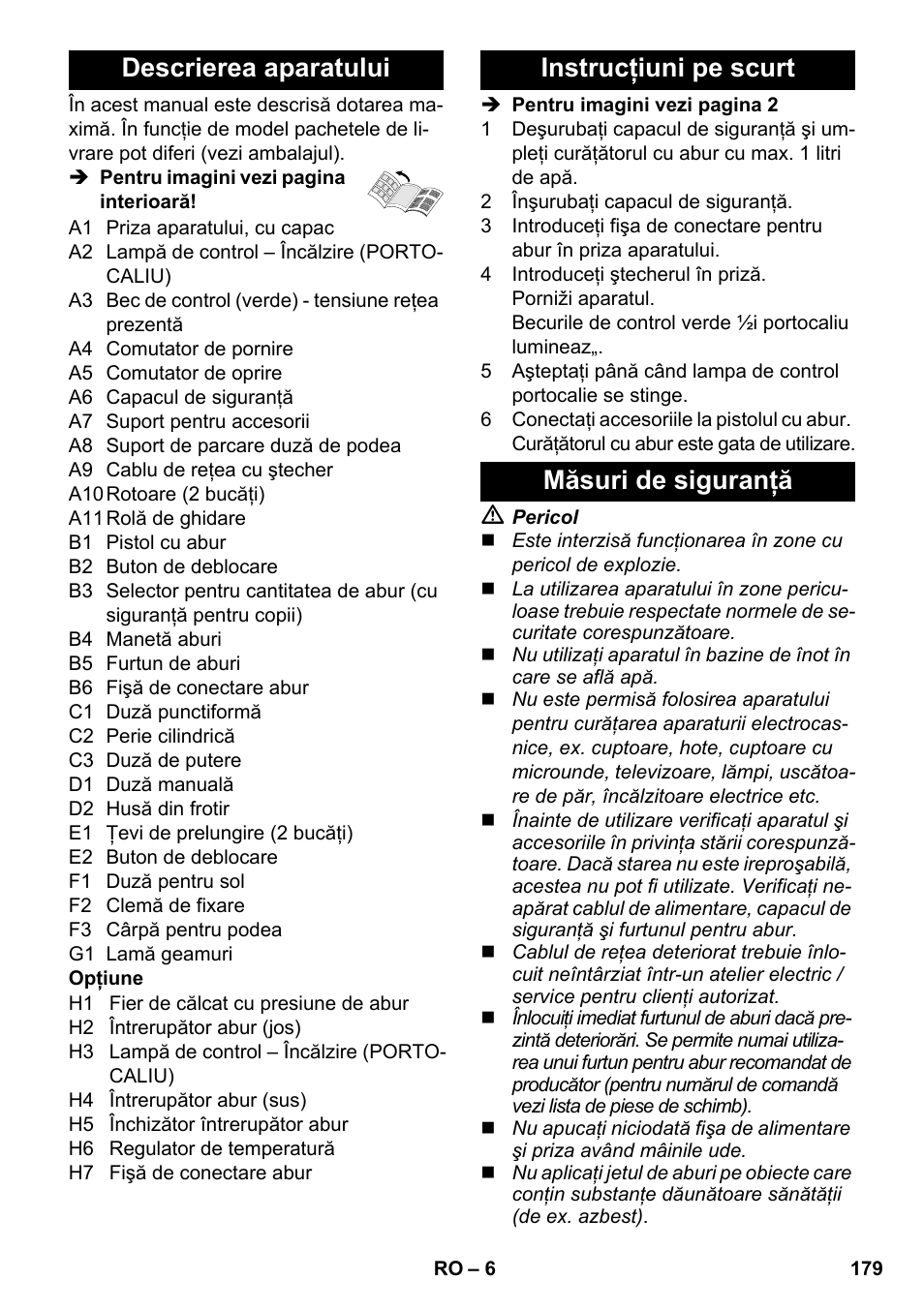 Descrierea aparatului, Instrucţiuni pe scurt măsuri de siguranţă | Karcher SC 3-100 B User Manual | Page 179 / 278