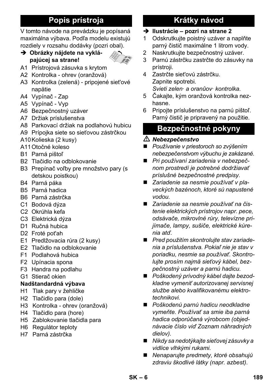 Popis prístroja, Krátky návod bezpečnostné pokyny | Karcher SC 3-100 B User Manual | Page 189 / 278