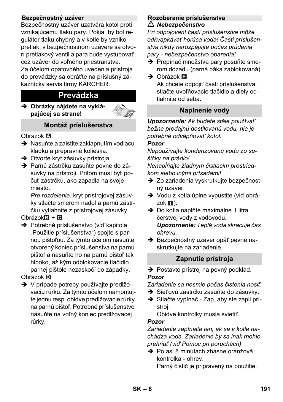 Prevádzka | Karcher SC 3-100 B User Manual | Page 191 / 278