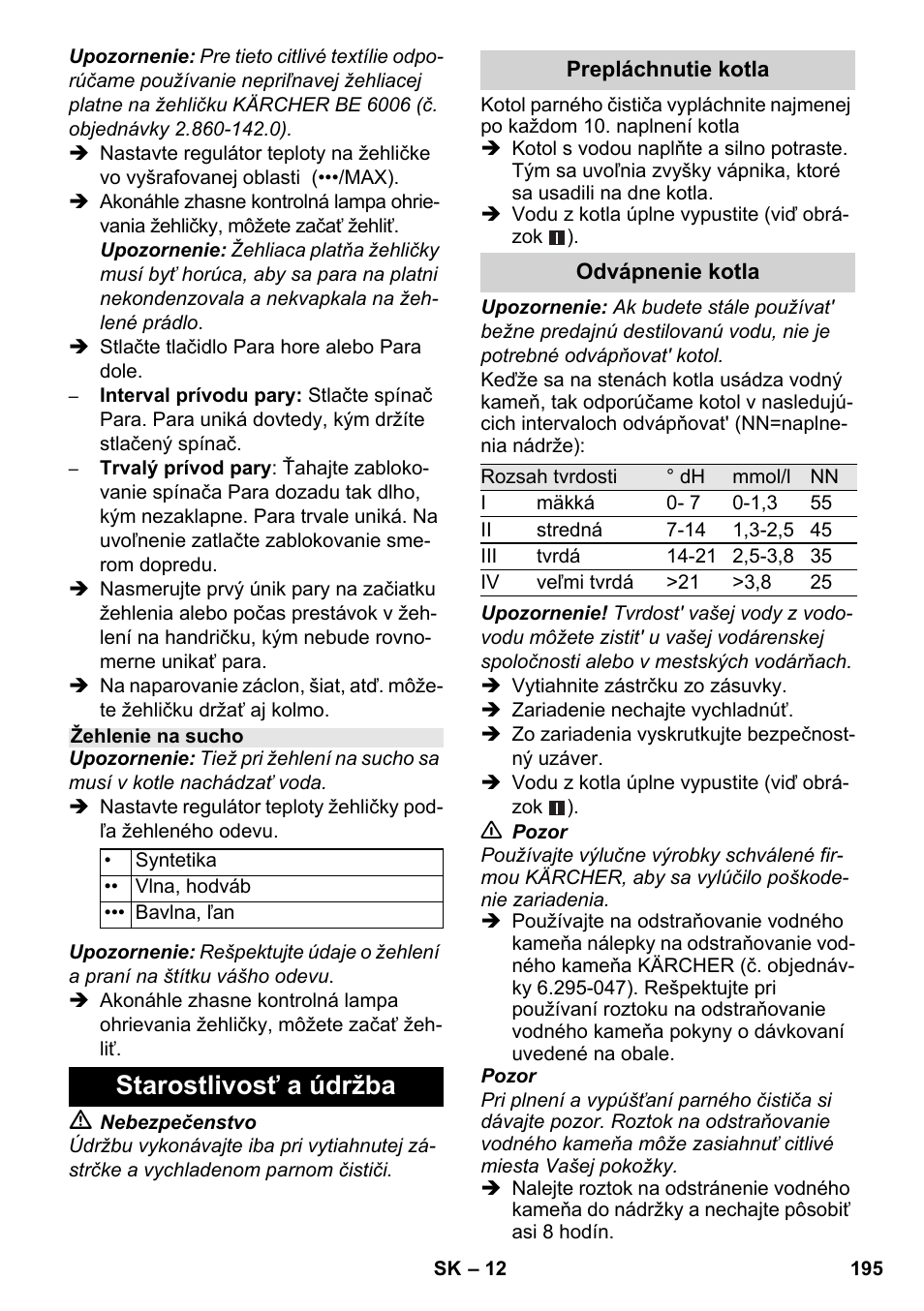 Starostlivosť a údržba | Karcher SC 3-100 B User Manual | Page 195 / 278