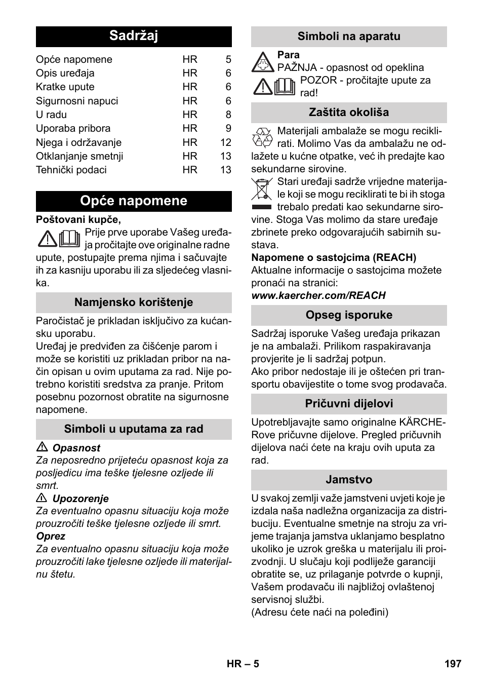 Hrvatski, Sadržaj, Opće napomene | Karcher SC 3-100 B User Manual | Page 197 / 278