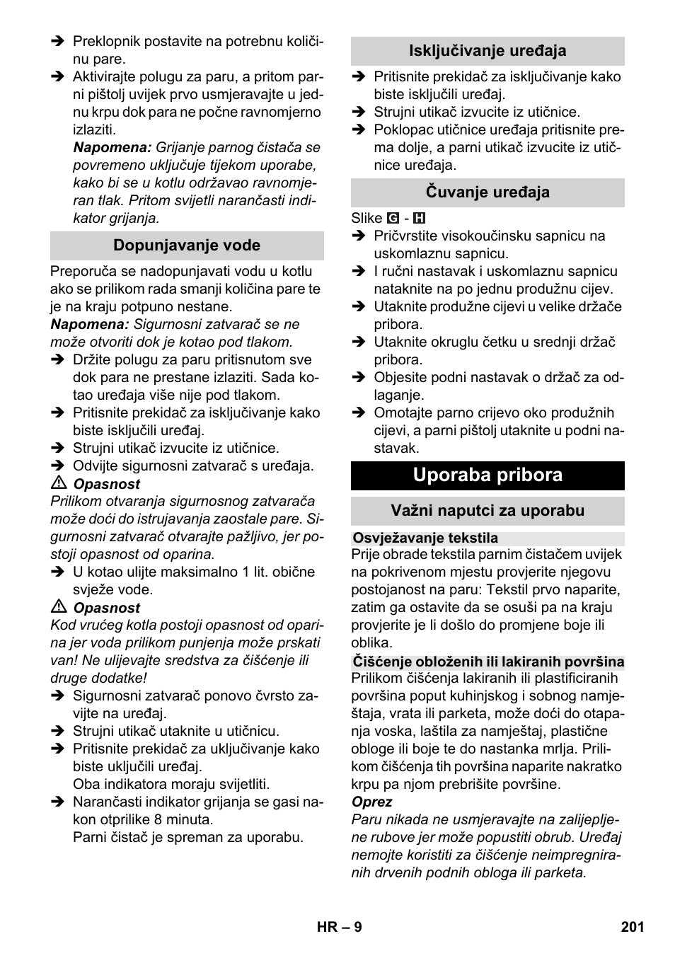 Uporaba pribora | Karcher SC 3-100 B User Manual | Page 201 / 278