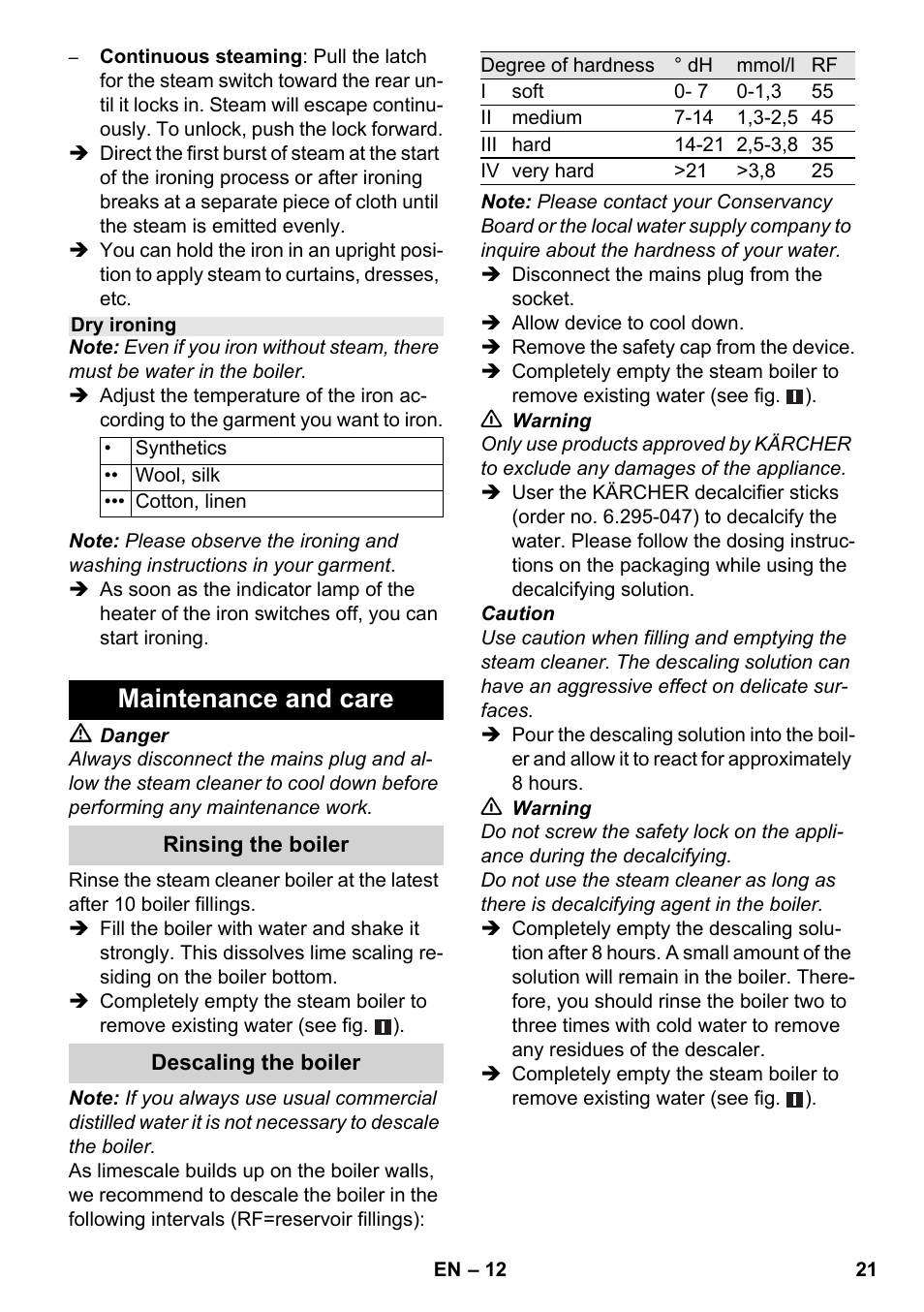 Maintenance and care | Karcher SC 3-100 B User Manual | Page 21 / 278