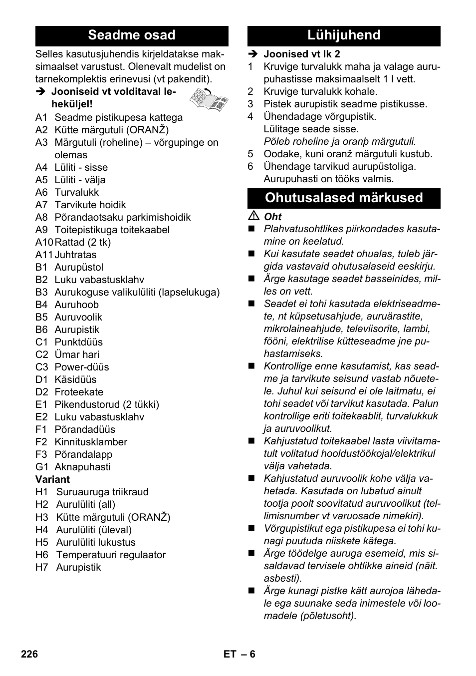 Seadme osad, Lühijuhend ohutusalased märkused | Karcher SC 3-100 B User Manual | Page 226 / 278