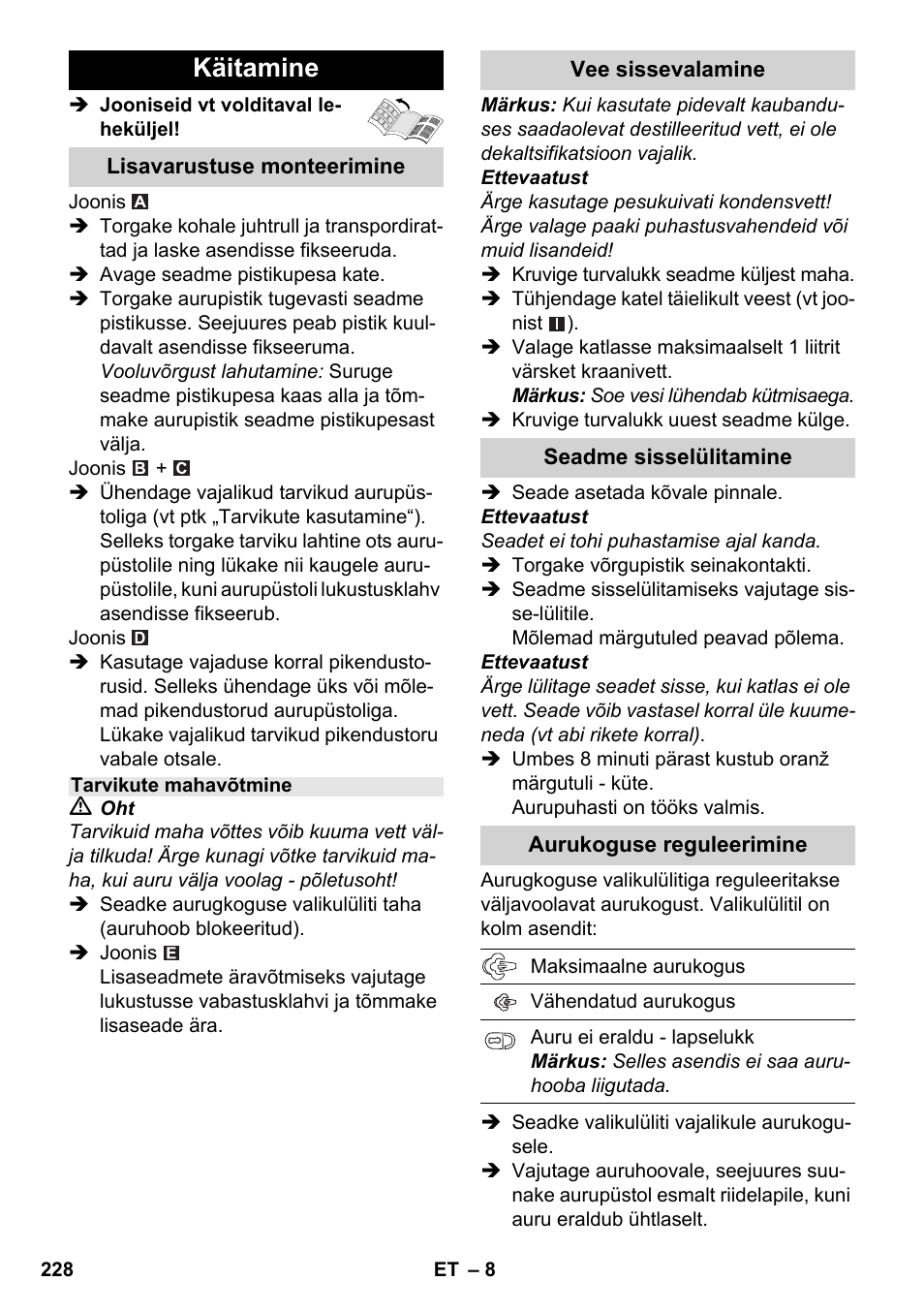 Käitamine | Karcher SC 3-100 B User Manual | Page 228 / 278