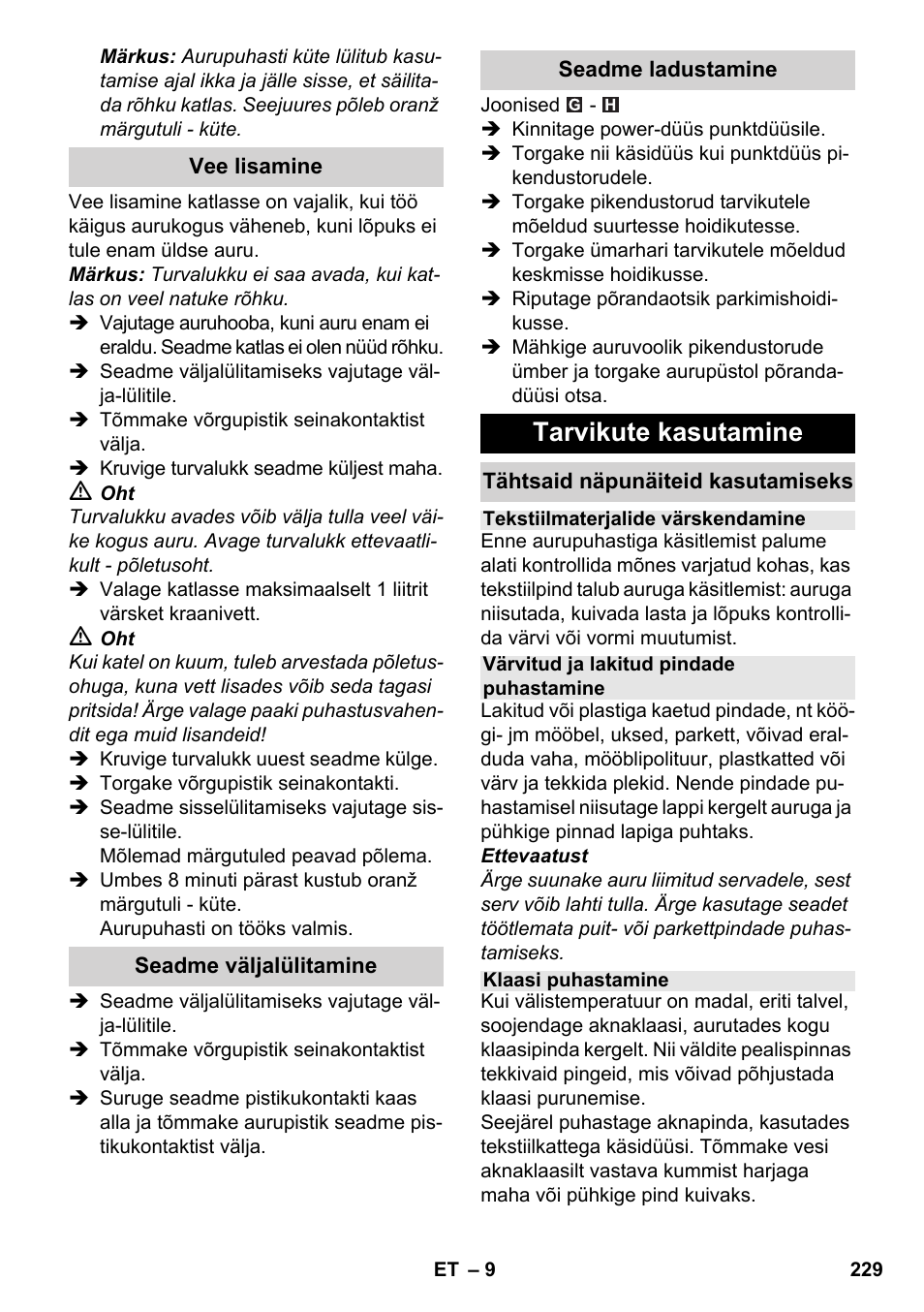 Tarvikute kasutamine | Karcher SC 3-100 B User Manual | Page 229 / 278