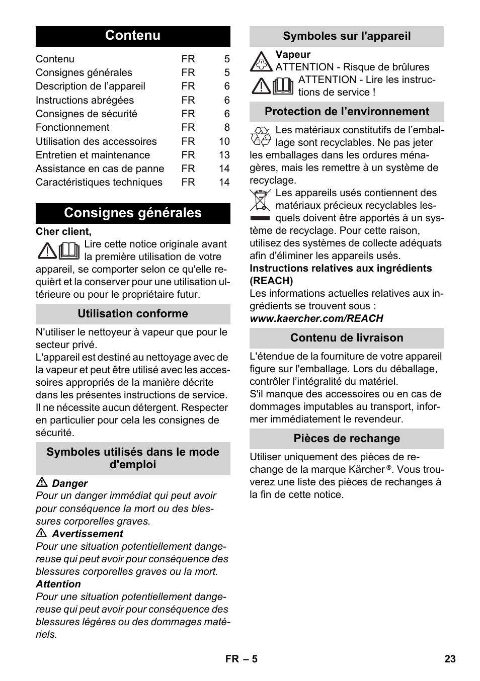 Français, Contenu, Consignes générales | Karcher SC 3-100 B User Manual | Page 23 / 278