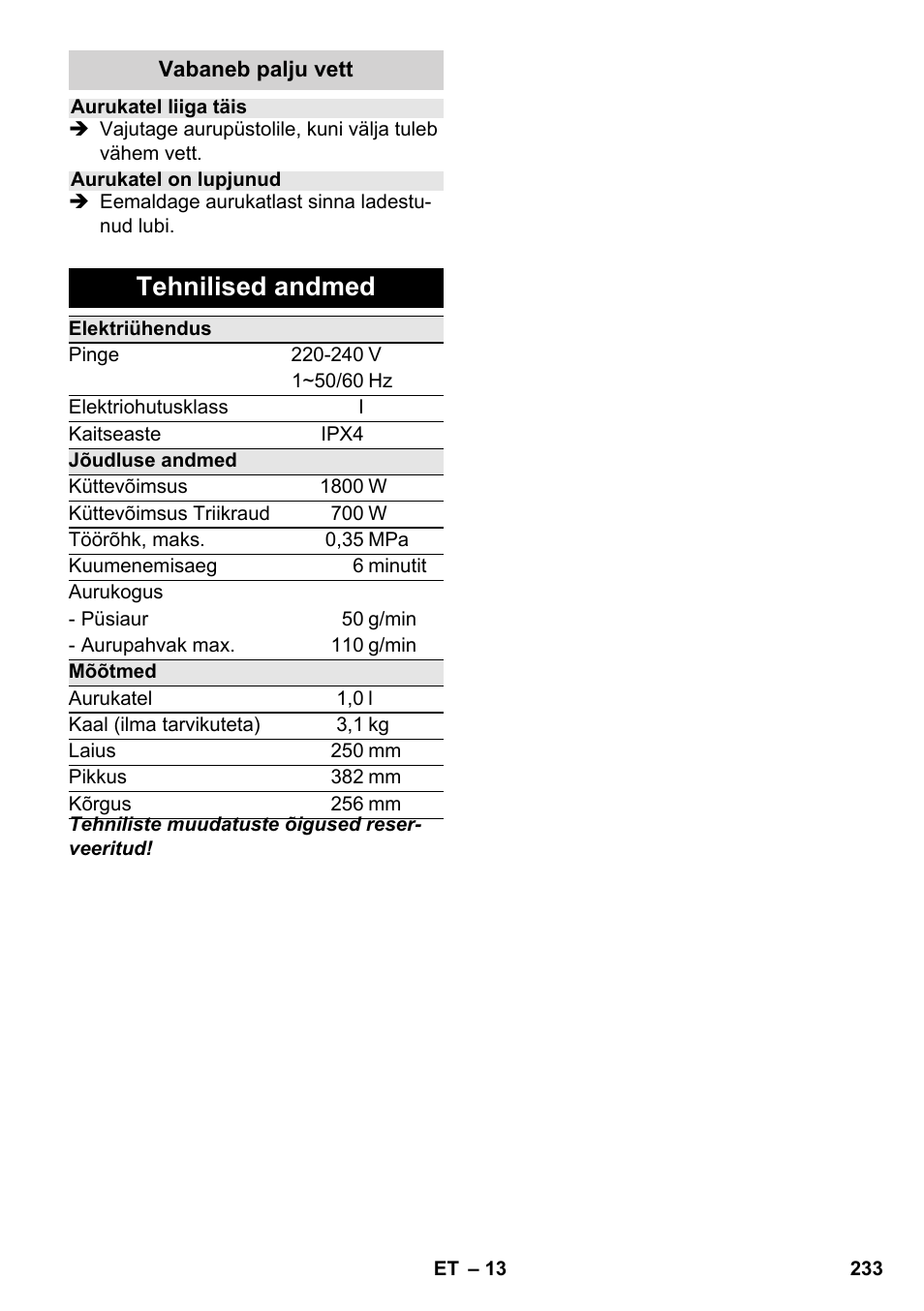 Tehnilised andmed | Karcher SC 3-100 B User Manual | Page 233 / 278