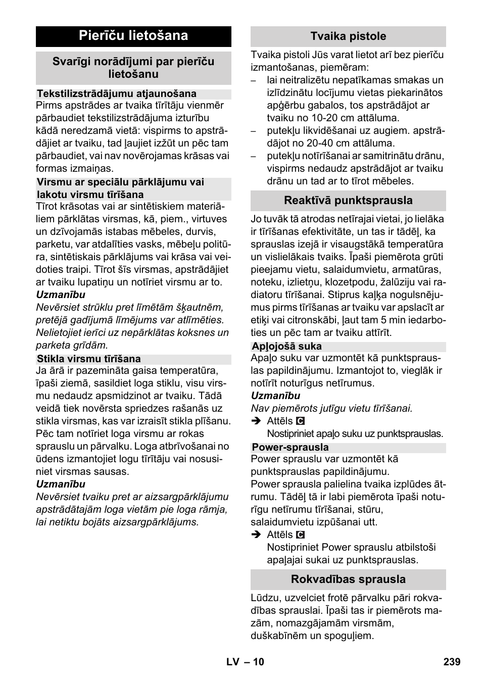 Pierīču lietošana | Karcher SC 3-100 B User Manual | Page 239 / 278