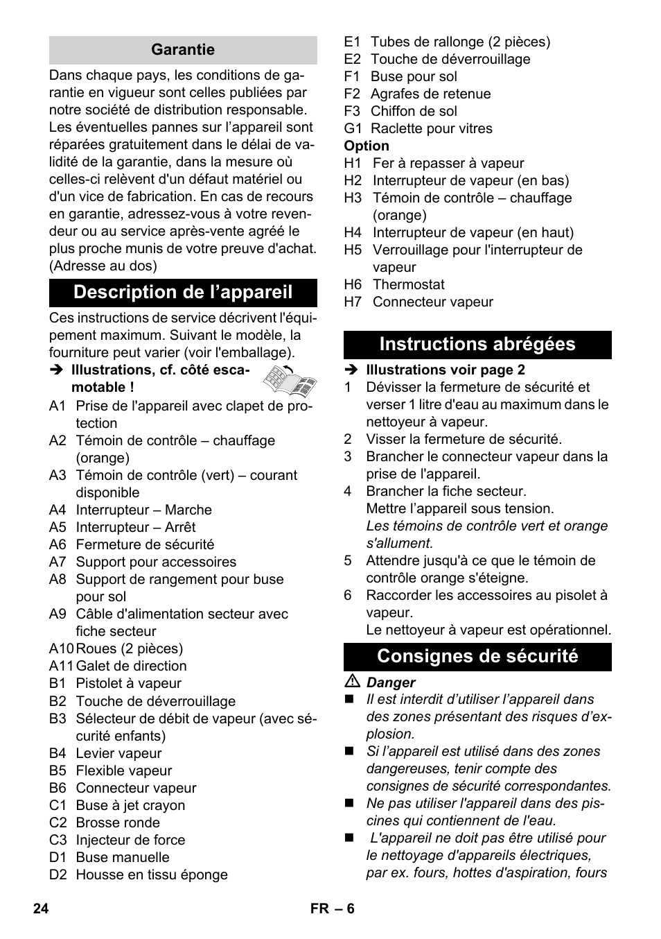 Description de l’appareil, Instructions abrégées consignes de sécurité | Karcher SC 3-100 B User Manual | Page 24 / 278