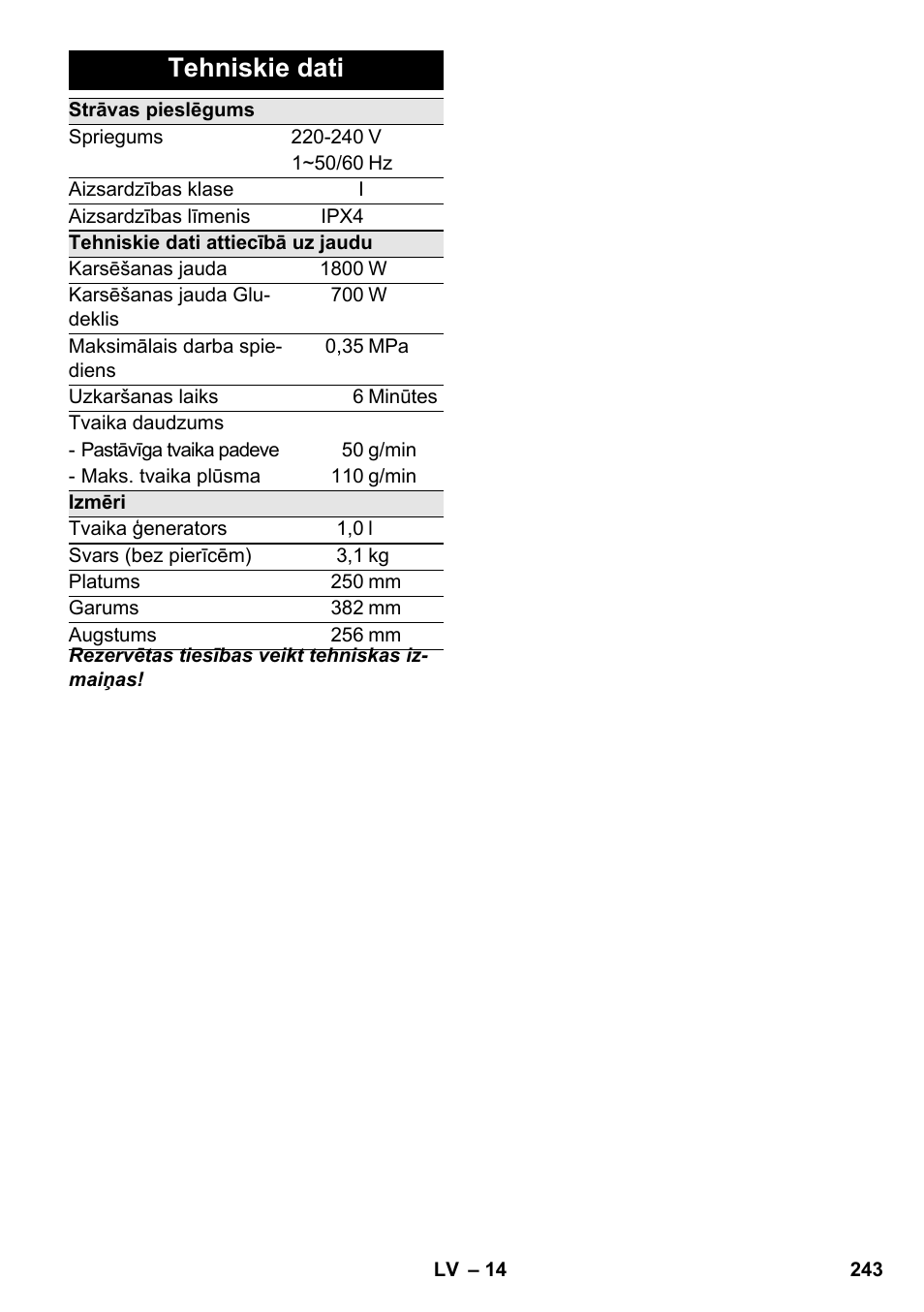 Tehniskie dati | Karcher SC 3-100 B User Manual | Page 243 / 278