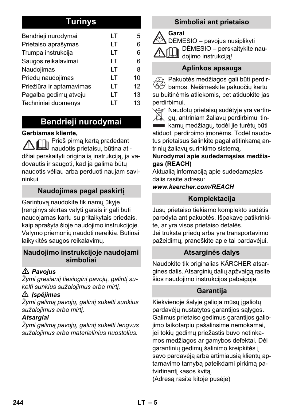 Lietuviškai, Turinys, Bendrieji nurodymai | Karcher SC 3-100 B User Manual | Page 244 / 278