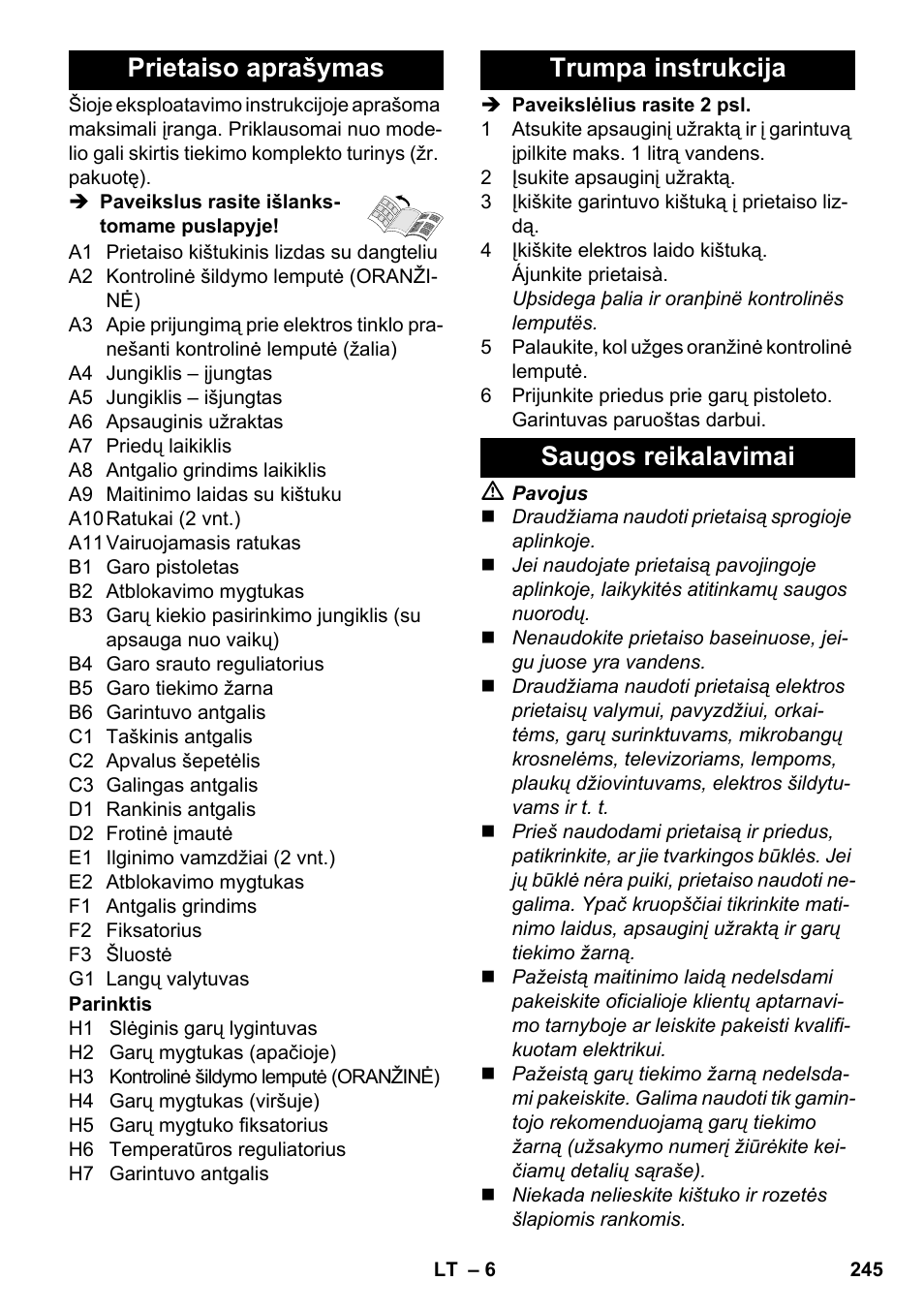 Prietaiso aprašymas, Trumpa instrukcija saugos reikalavimai | Karcher SC 3-100 B User Manual | Page 245 / 278