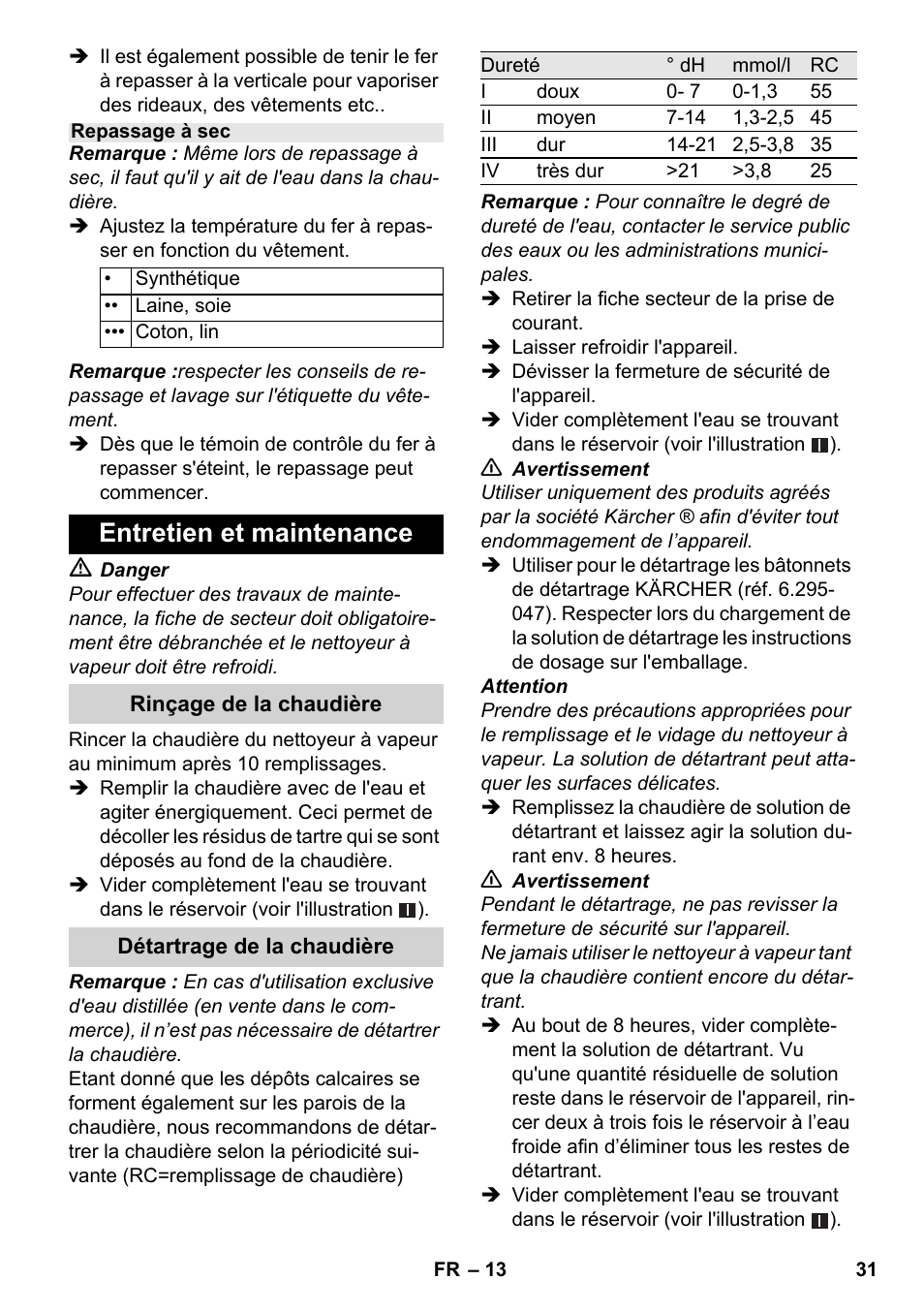 Entretien et maintenance | Karcher SC 3-100 B User Manual | Page 31 / 278