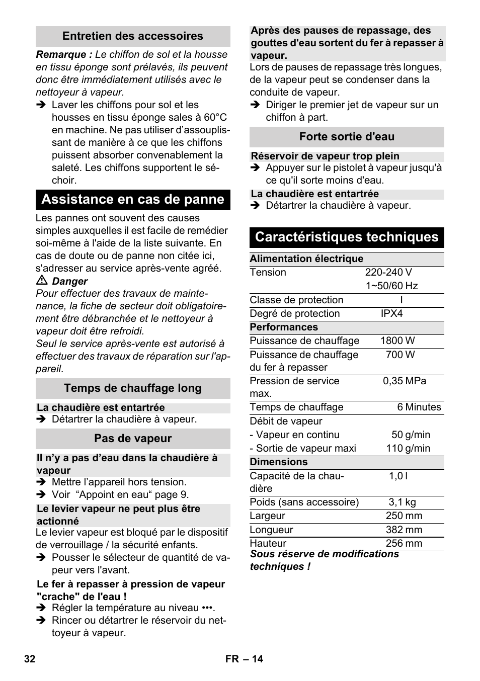 Assistance en cas de panne, Caractéristiques techniques | Karcher SC 3-100 B User Manual | Page 32 / 278