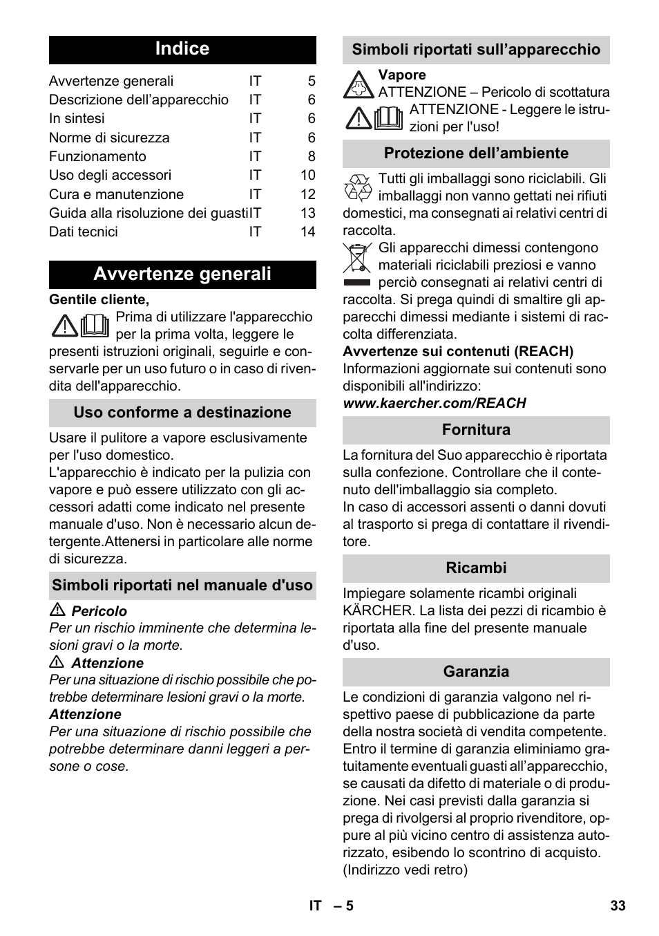 Italiano, Indice, Avvertenze generali | Karcher SC 3-100 B User Manual | Page 33 / 278