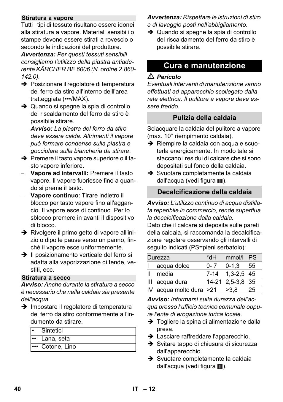 Cura e manutenzione | Karcher SC 3-100 B User Manual | Page 40 / 278