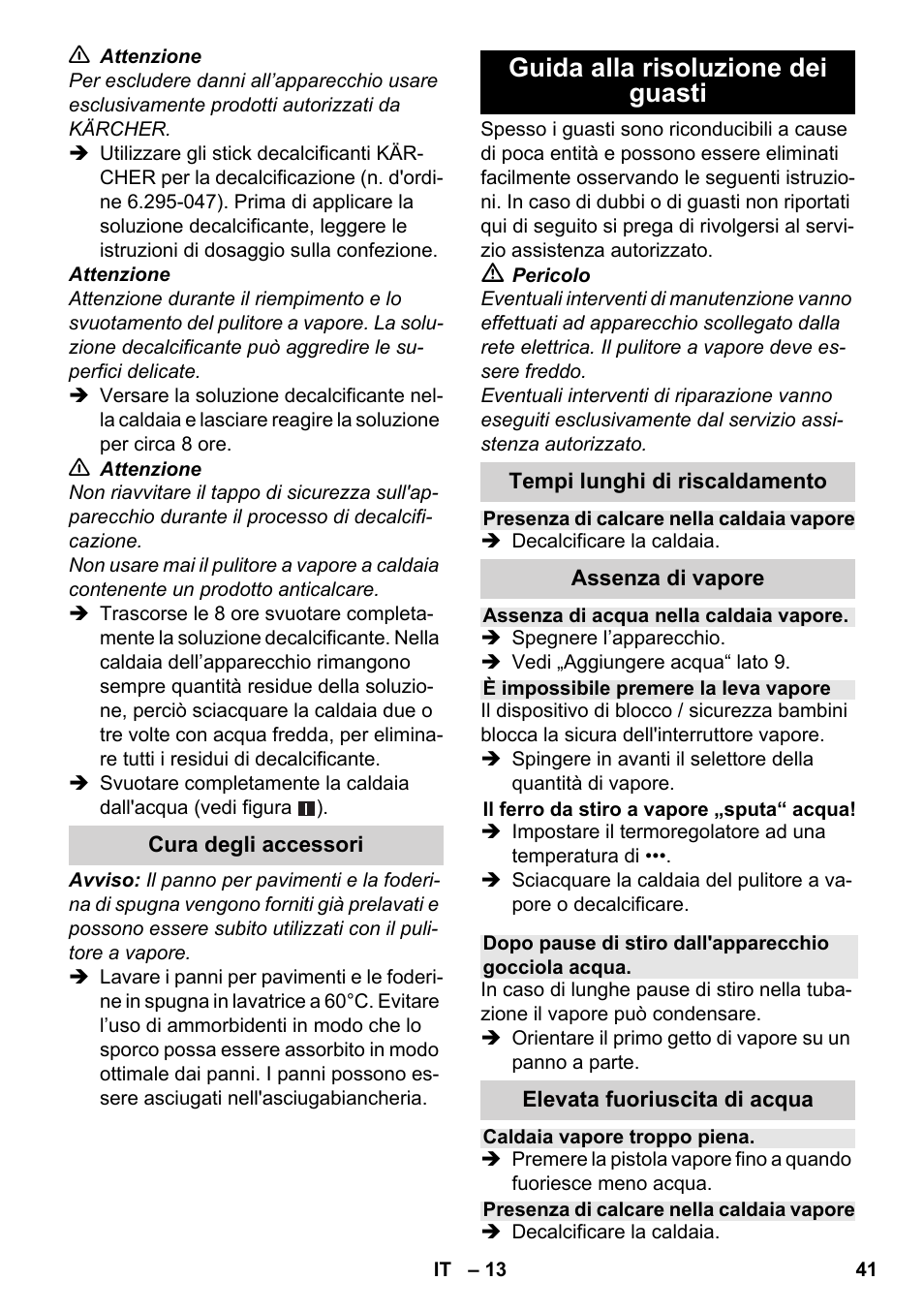 Guida alla risoluzione dei guasti | Karcher SC 3-100 B User Manual | Page 41 / 278