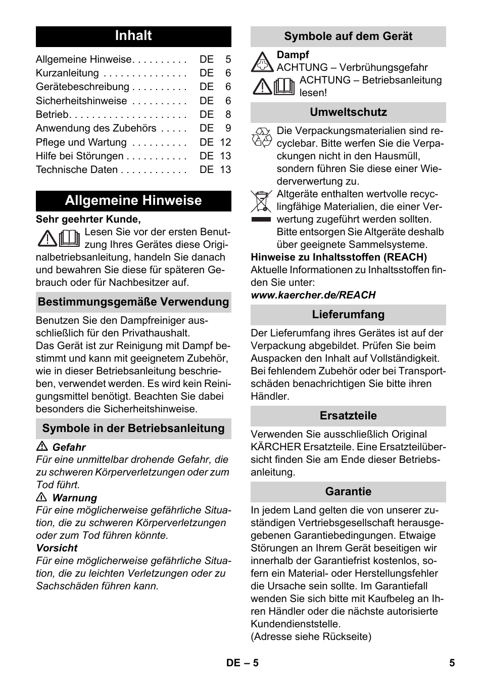 Deutsch, Inhalt, Allgemeine hinweise | Karcher SC 3-100 B User Manual | Page 5 / 278