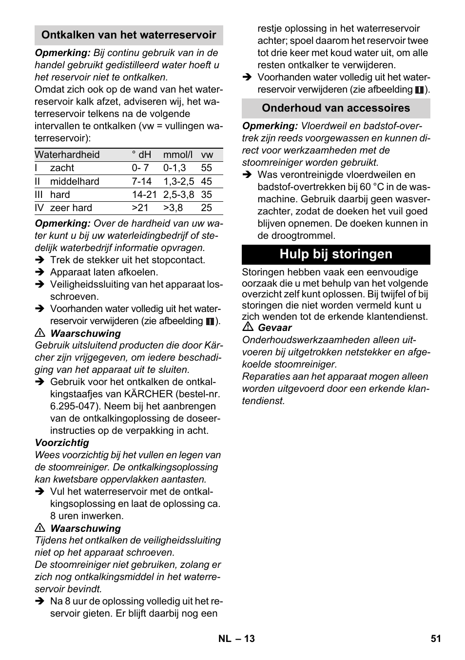 Hulp bij storingen | Karcher SC 3-100 B User Manual | Page 51 / 278