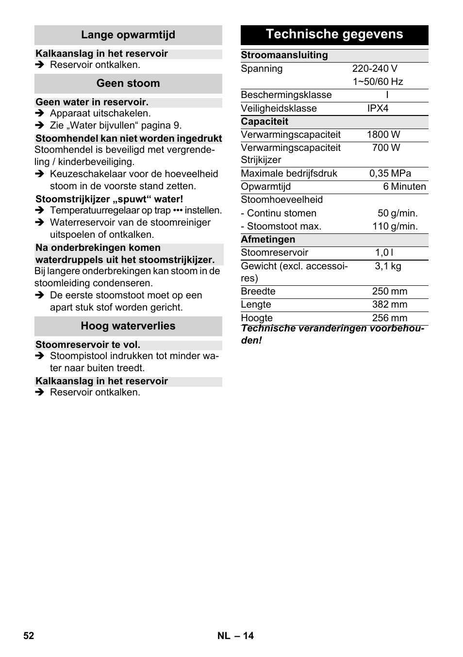 Technische gegevens | Karcher SC 3-100 B User Manual | Page 52 / 278