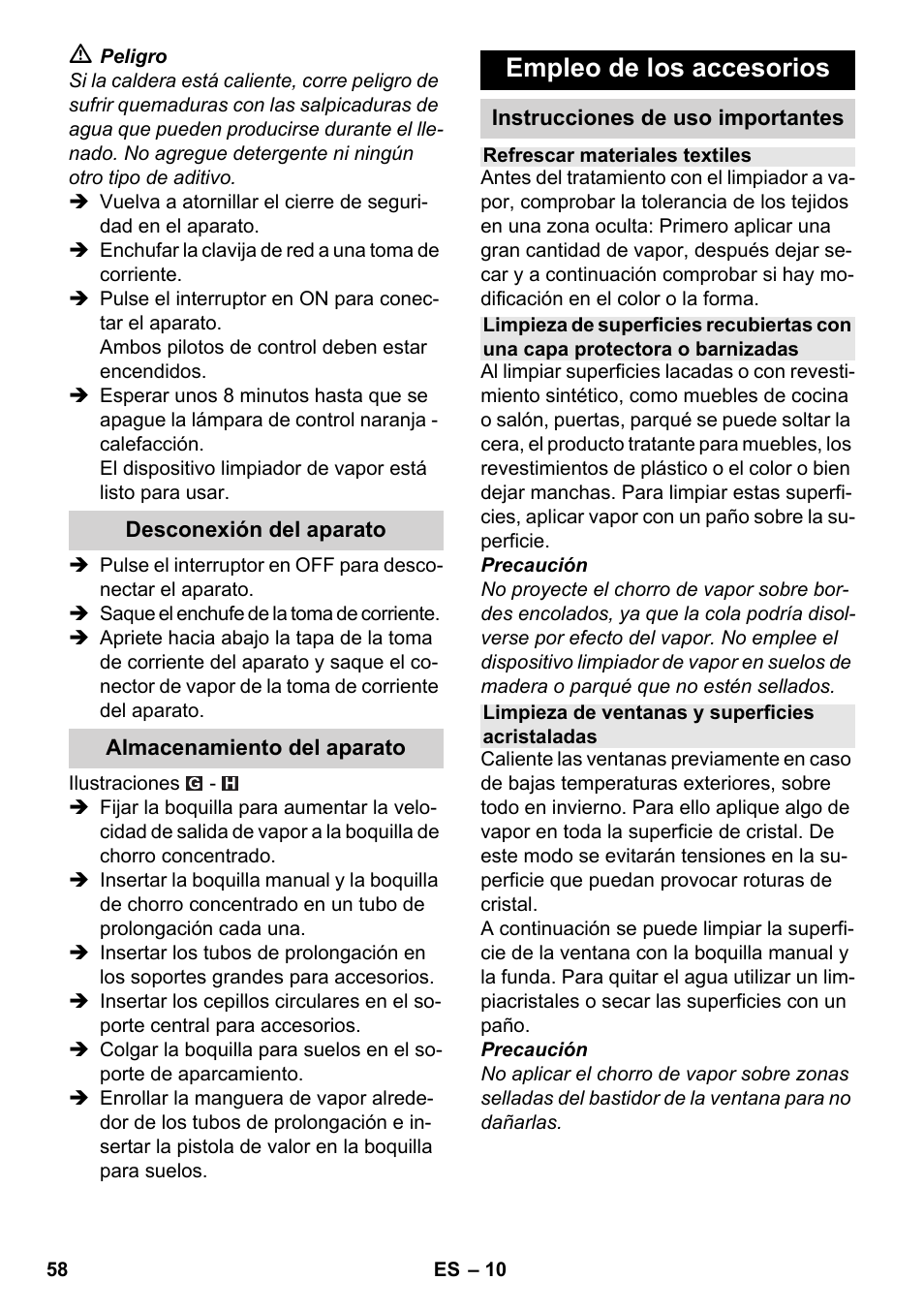 Empleo de los accesorios | Karcher SC 3-100 B User Manual | Page 58 / 278